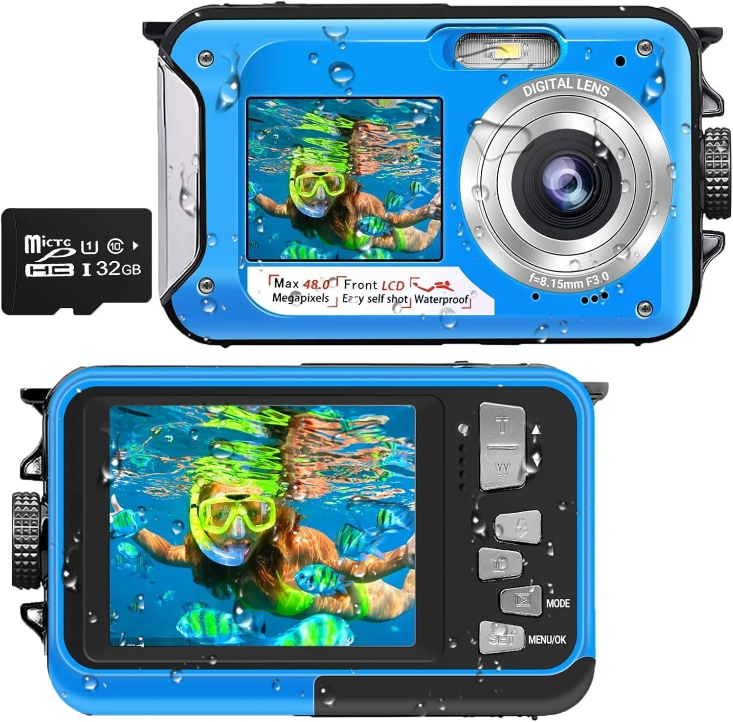 دوربین ضد آب فول اچ دی 2.7K 48MP تا عمق 3 متر با دو صفحه نمایش، زوم دیجیتال 16 برابر، مناسب غواصی، شنا و تعطیلات، دارای تایمر خودکار