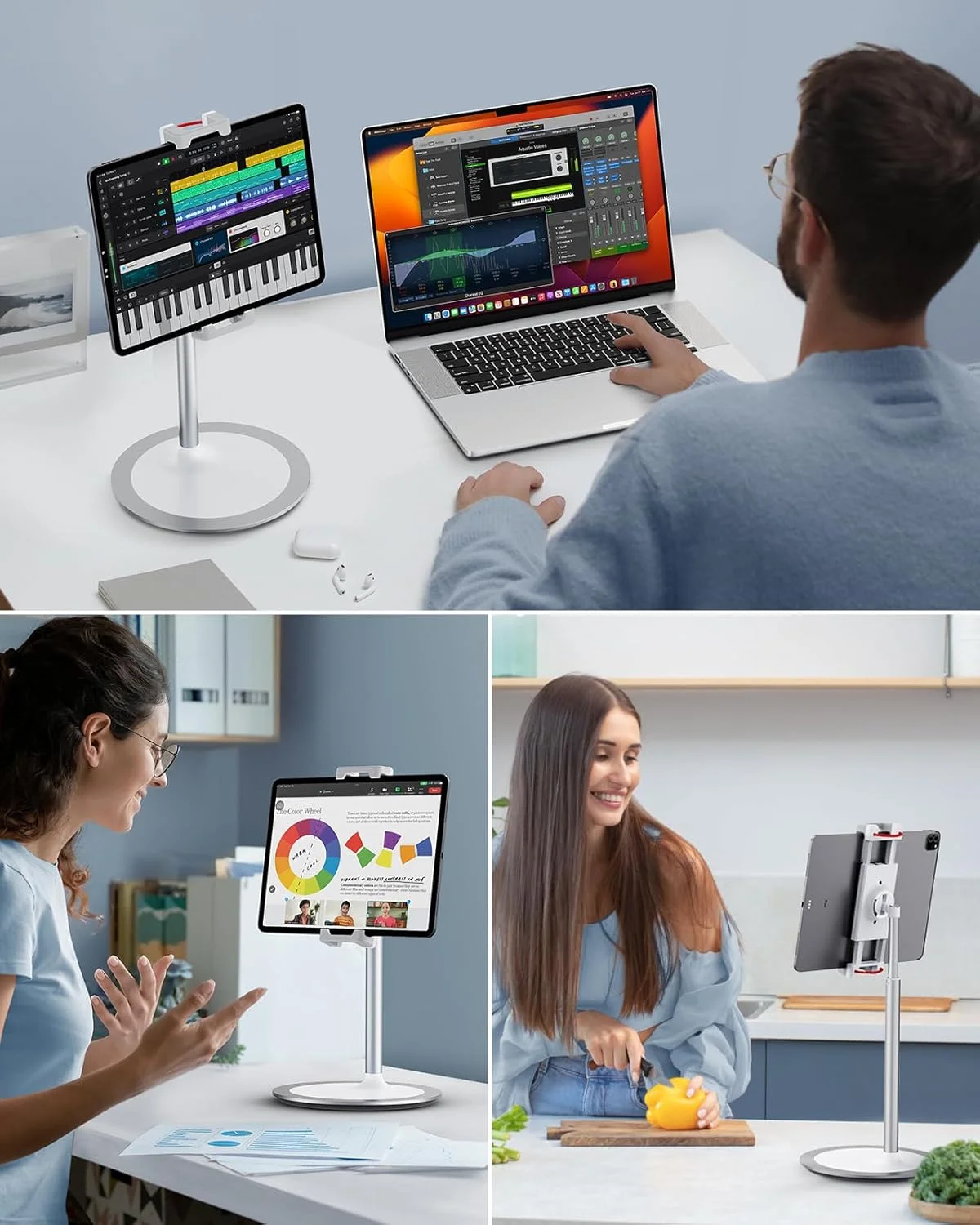 پایه نگهدارنده تبلت SAIJI، پایه مانیتور قابل حمل با قابلیت تنظیم ارتفاع، چرخش 360 درجه، پایه نگهدارنده آلیاژ آلومینیوم برای صفحه نمایش 4.7 تا 15.6 اینچ آیفون سامسونگ، آیپد، کیندل، کتابخوان الکترونیکی (نقره ای)