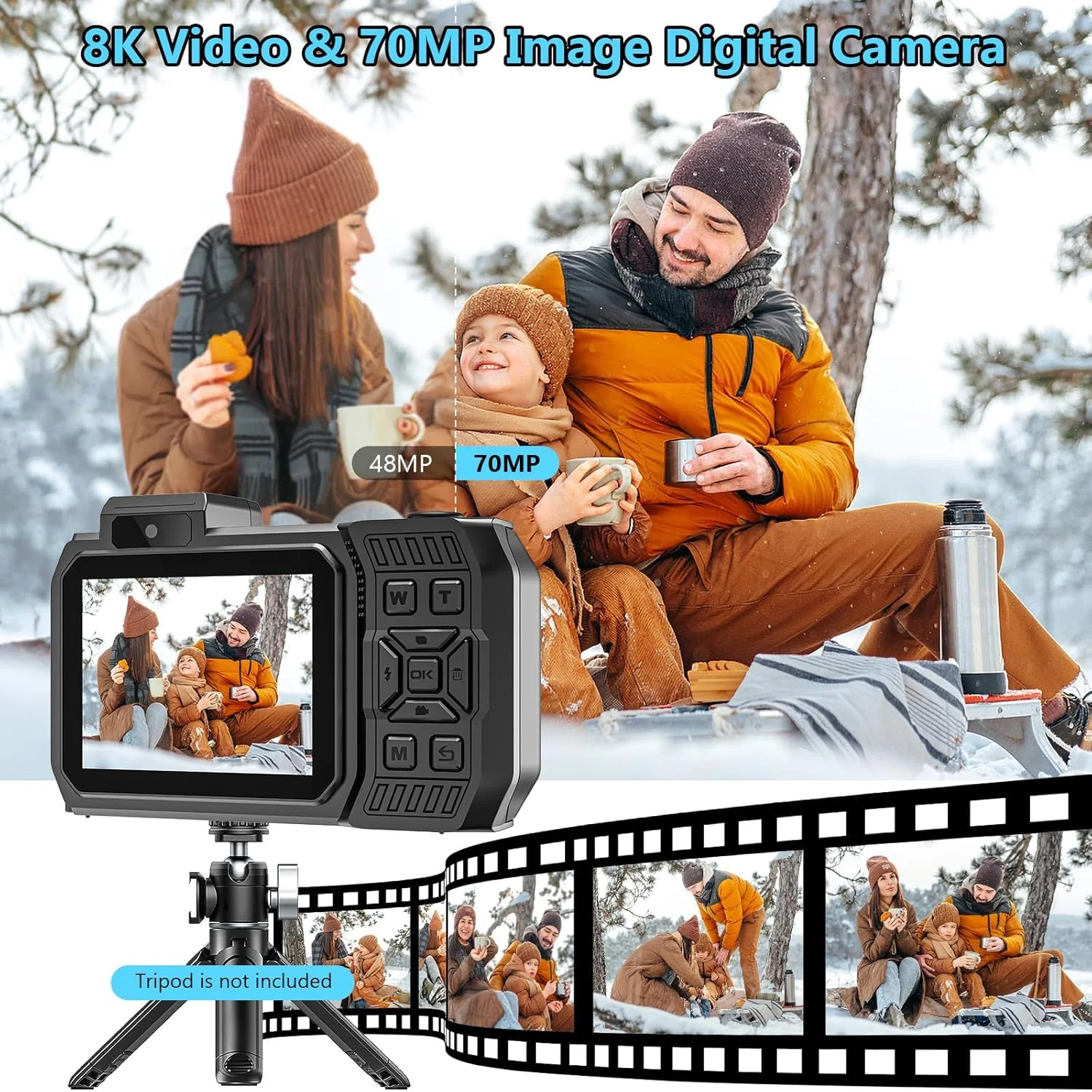 دوربین فیلمبرداری زیر آب UHD 8K، دوربین دیجیتال ضد آب 70 مگاپیکسلی با کارت حافظه 64 گیگابایتی، فوکوس خودکار، صفحه نمایش دوگانه ضد آب برای سلفی، باتری 2500 میلی آمپر ساعتی، دیجیتال شناور 16X برای غواصی، آبی