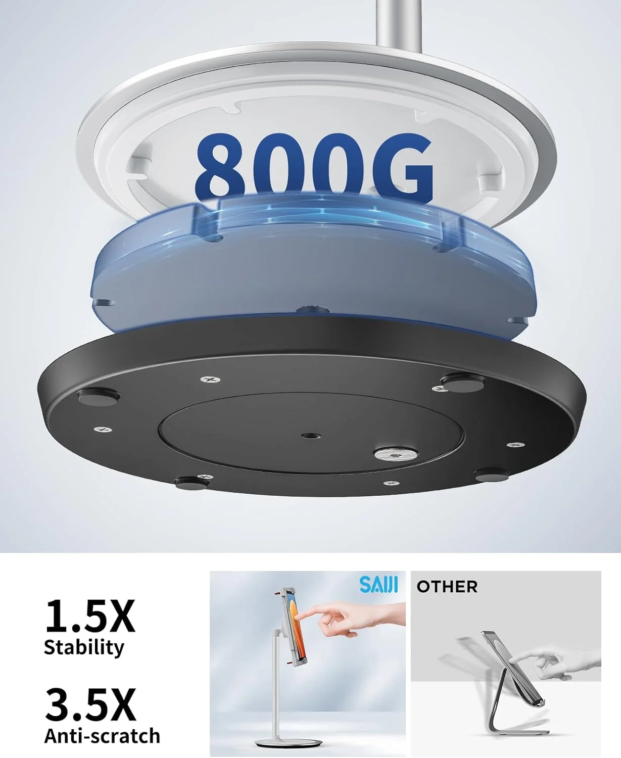 پایه نگهدارنده تبلت SAIJI، پایه مانیتور قابل حمل با قابلیت تنظیم ارتفاع، چرخش 360 درجه، پایه نگهدارنده آلیاژ آلومینیوم برای صفحه نمایش 4.7 تا 15.6 اینچ آیفون سامسونگ، آیپد، کیندل، کتابخوان الکترونیکی (نقره ای)