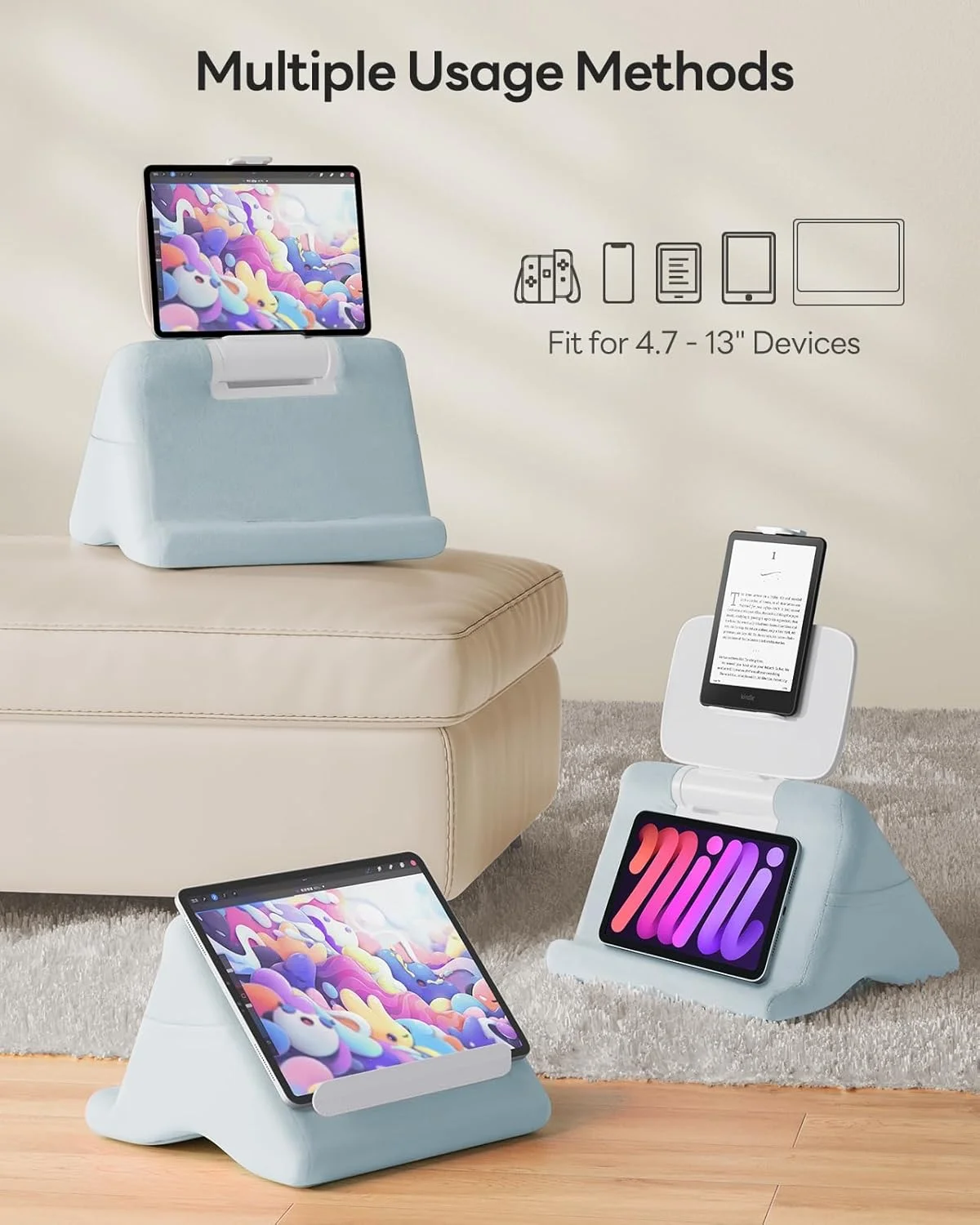 پایه نگهدارنده تبلت SAIJI - نگهدارنده آیپد مینی و کیندل برای استفاده روی پا در تخت، با گیره چند منظوره قابل تنظیم زاویه و ارتفاع برای تبلت های 4 تا 13 اینچی، آبی