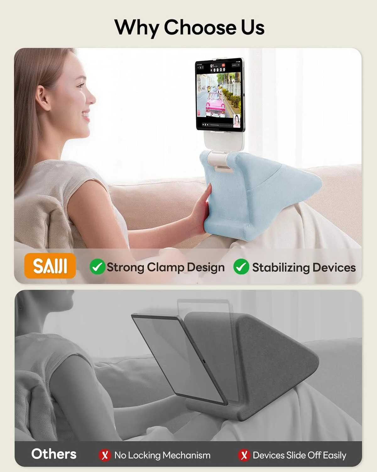 پایه نگهدارنده تبلت SAIJI - نگهدارنده آیپد مینی و کیندل برای استفاده روی پا در تخت، با گیره چند منظوره قابل تنظیم زاویه و ارتفاع برای تبلت های 4 تا 13 اینچی، آبی