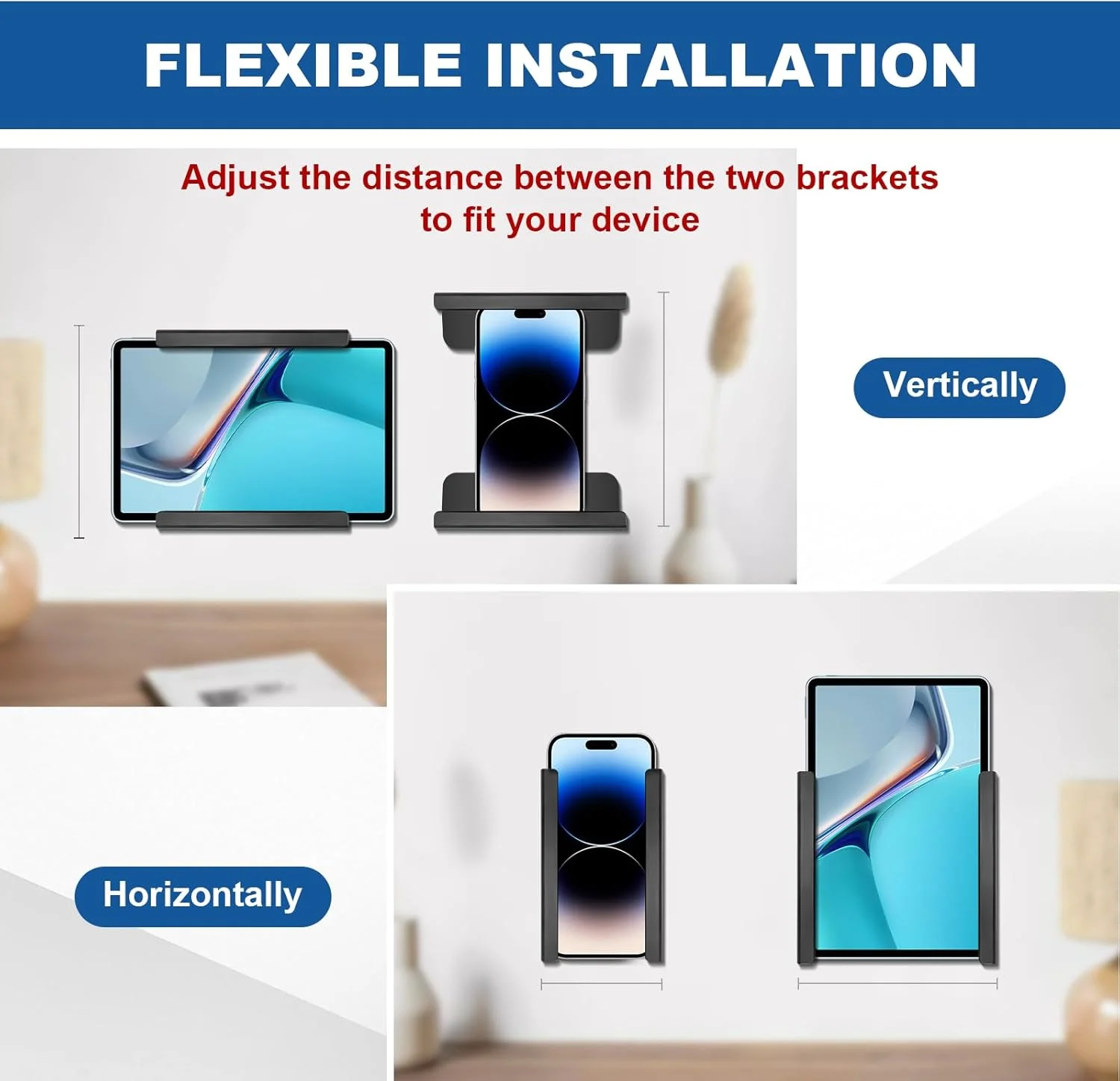 پایه دیواری یونیورسال RUKUHOT برای تبلت، تلفن، کتابخوان الکترونیکی و کنترل از راه دور، نگهدارنده چسبی روی دیوار، سازگار با آیپد، آیفون، سامسونگ، سرفیس، هواوی، شیائومی، لنوو. نصب با چسب یا پیچ