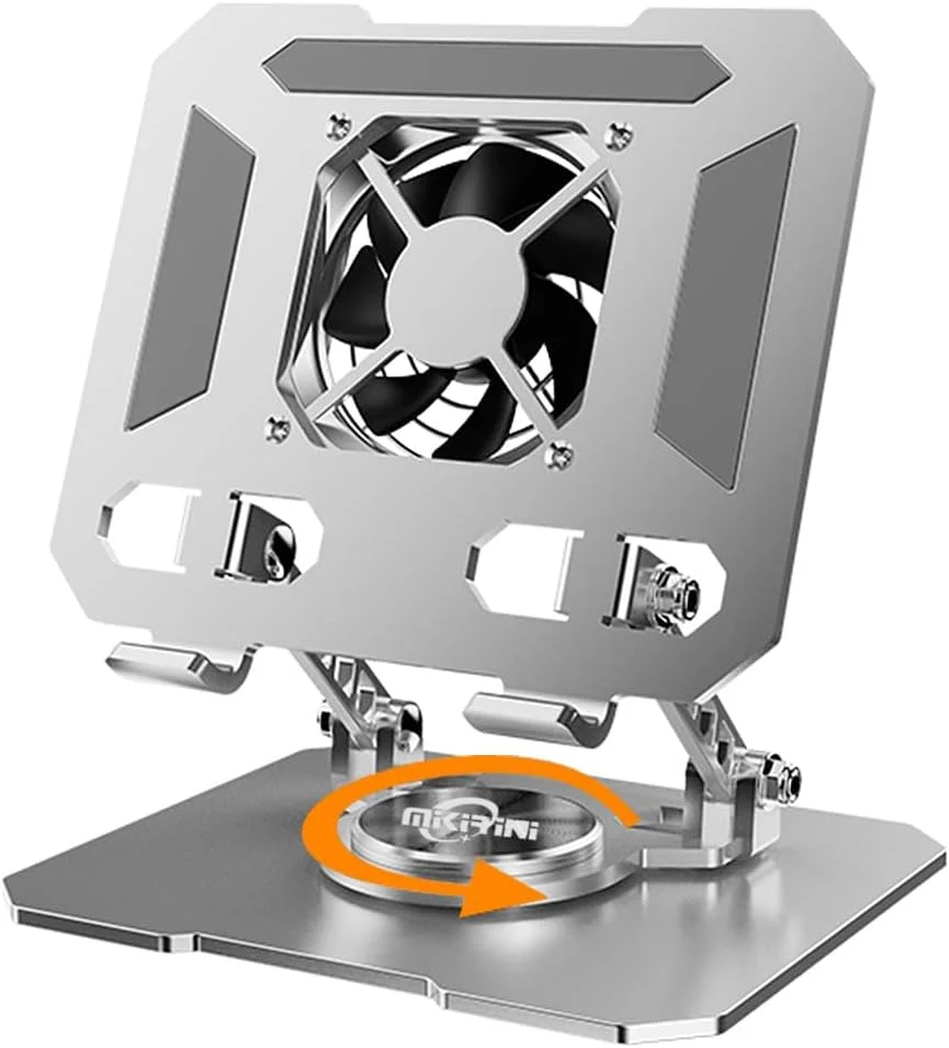 پایه نگهدارنده تبلت رومیزی چرخان 360 درجه با خنک کننده USB، فریم فولادی کربنی با میله دوتایی مناسب برای آیپد پرو 13 12 11 ایر مینی 5 4 3 سامسونگ تب و کتابخوان الکترونیکی (نقره ای با خنک کننده داخلی)