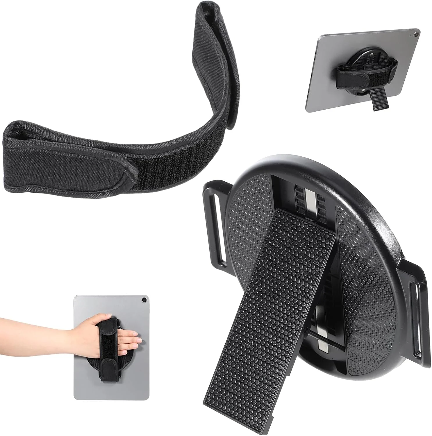 پایه تبلت با بند دستی چرخش 360 درجه ای، پایه تبلت چسبی با دسته محکم کننده و پد چسبی، نگهدارنده بند دستی تبلت جهانی قابل تنظیم چند زاویه برای همه تبلت های 7-11 اینچی