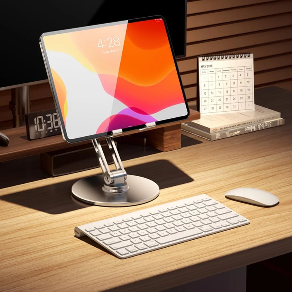 پایه نگهدارنده تبلت و گوشی با قابلیت چرخش 360 درجه، آلیاژ آلومینیوم، نقره ای، سازگار با تبلت های 4.7 تا 12.9 اینچی