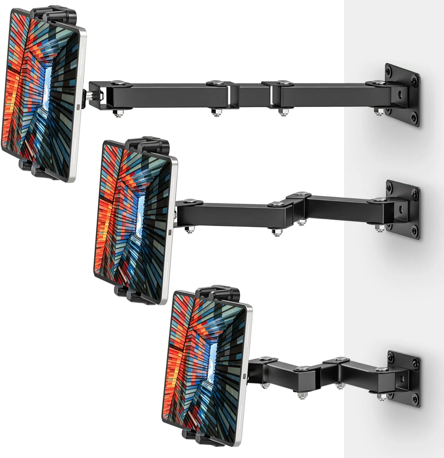 نگهدارنده دیواری تبلت، بازوی قابل گسترش 3 مرحله ای، قابلیت چرخش 360 درجه، قابل نصب زیر کابینت یا روی دیوار برای آیپد پرو، ایر، گلکسی تب و تمام تبلت های 4.7 تا 13.5 اینچی - ایده آل برای آشپزخانه ها، دفاتر