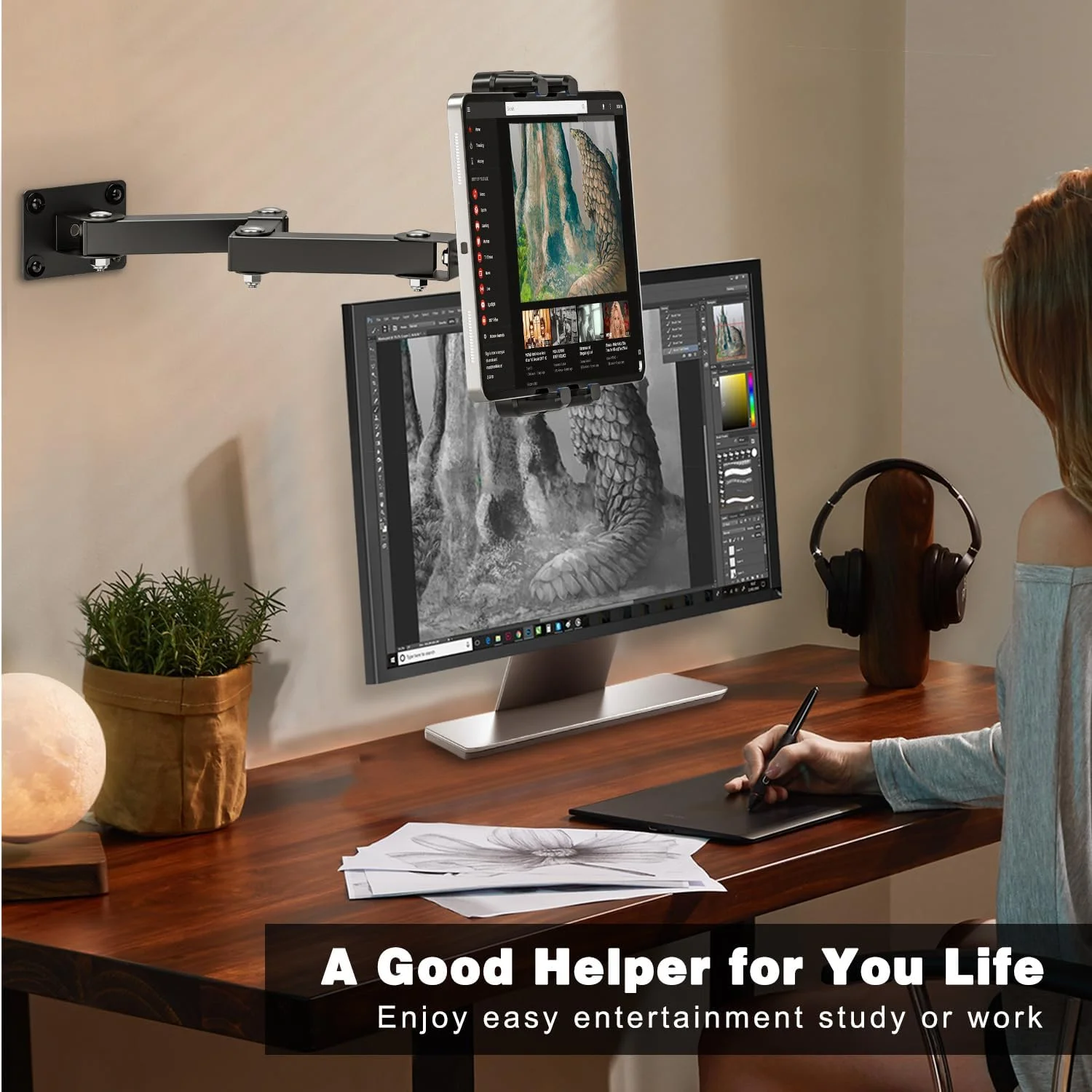 نگهدارنده دیواری تبلت، بازوی قابل گسترش 3 مرحله ای، قابلیت چرخش 360 درجه، قابل نصب زیر کابینت یا روی دیوار برای آیپد پرو، ایر، گلکسی تب و تمام تبلت های 4.7 تا 13.5 اینچی - ایده آل برای آشپزخانه ها، دفاتر