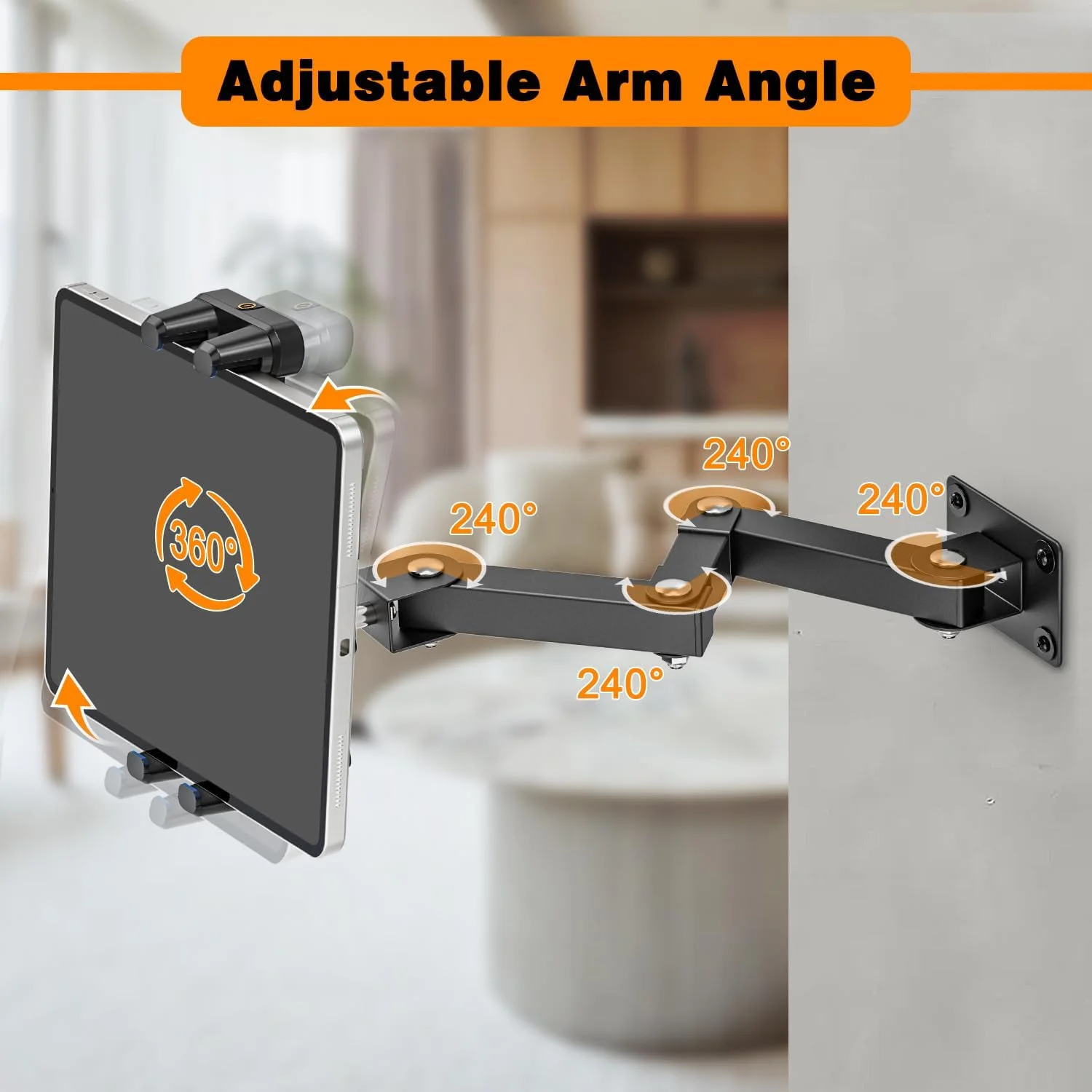 نگهدارنده دیواری تبلت، بازوی قابل گسترش 3 مرحله ای، قابلیت چرخش 360 درجه، قابل نصب زیر کابینت یا روی دیوار برای آیپد پرو، ایر، گلکسی تب و تمام تبلت های 4.7 تا 13.5 اینچی - ایده آل برای آشپزخانه ها، دفاتر