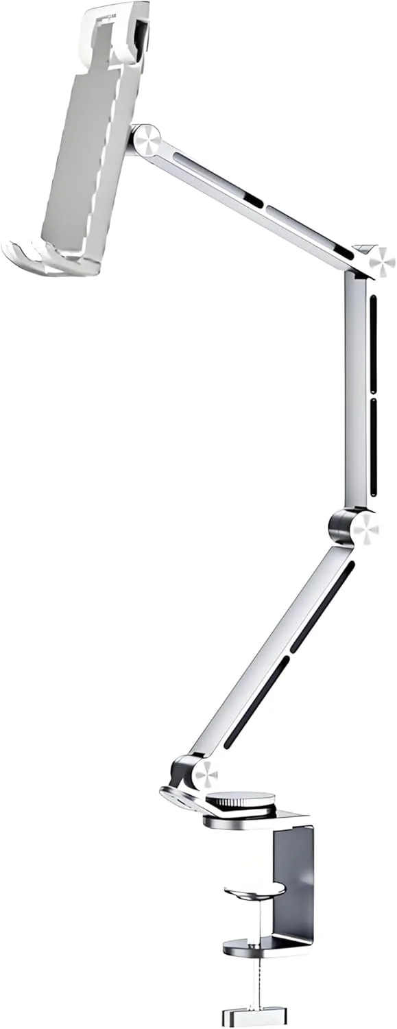 پایه نگهدارنده تبلت چرخان با طراحی چند زاویه ای، گیره تلفن، پایه گردان، آلیاژ آلومینیوم رومیزی، بازوی تاشو مناسب برای تلفن و تبلت 4 تا 13 اینچی (نقره ای)