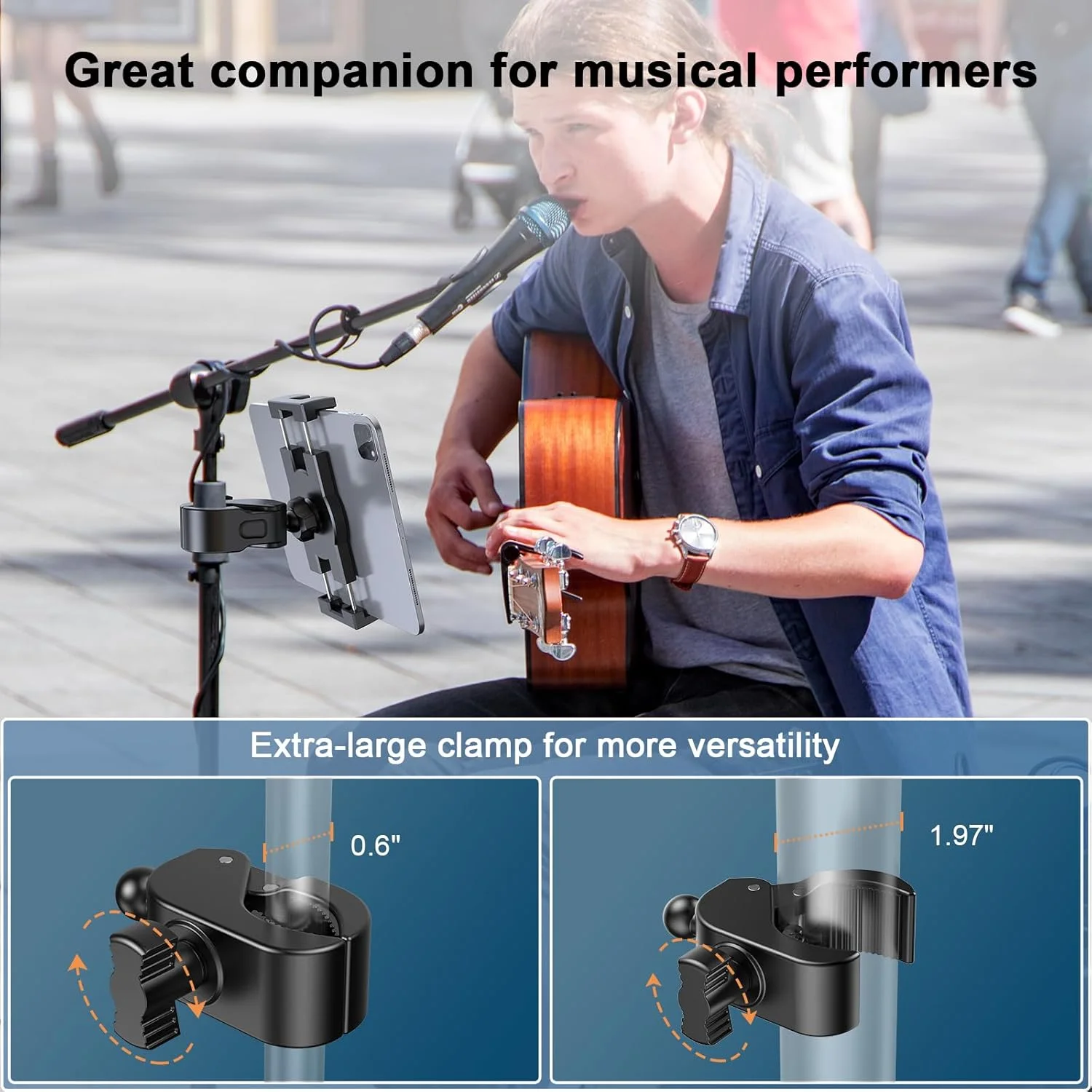 پایه نگهدارنده آیپد، هولدر تبلت برای تردمیل، پایه میکروفون، کالسکه، دوچرخه ورزشی، قطر باز شدن گیره 1.5 تا 5 سانتی متر، هولدر مناسب برای گوشی ها و تبلت های 4.7 تا 12.9 اینچی