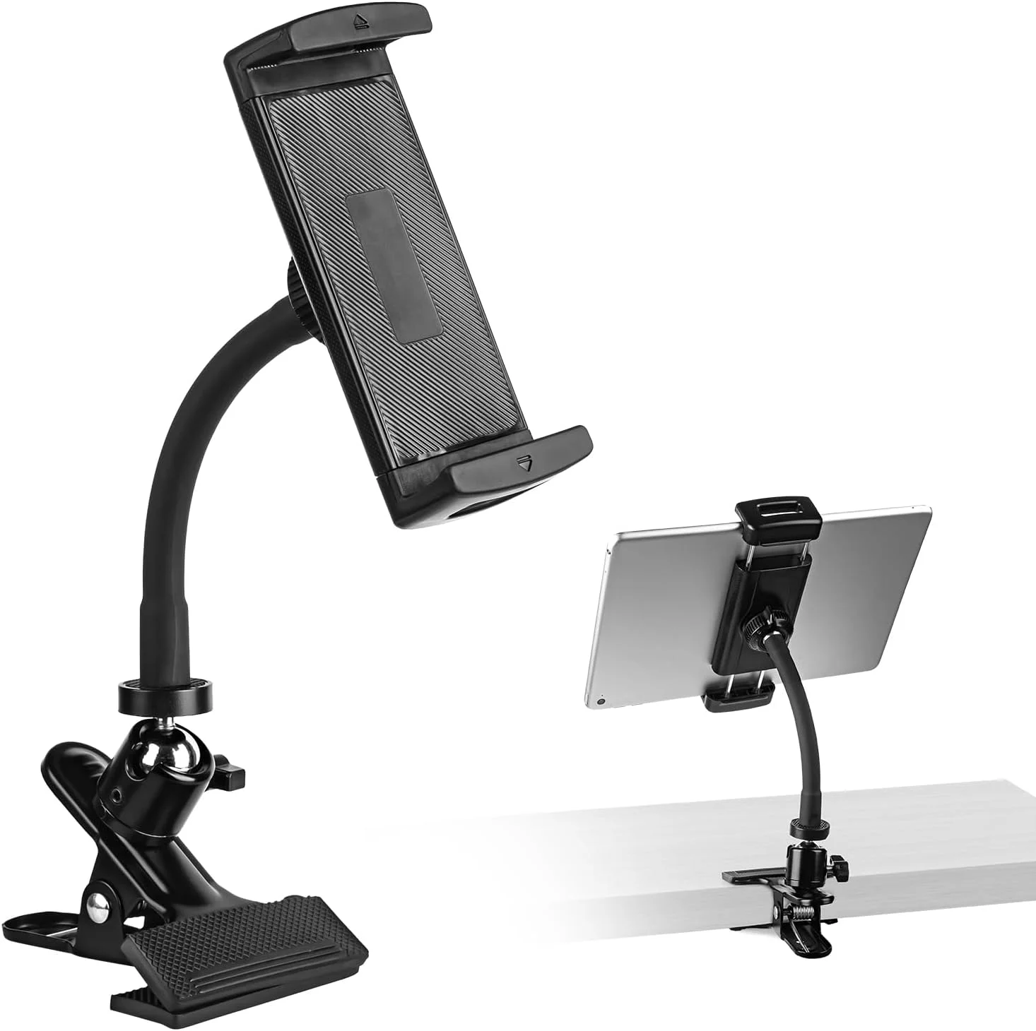 نگهدارنده تبلت گیره ای ROCKFREE با بازوی گردن غازی مقاوم، پایه گیره آیپد با قابلیت تنظیم 360 درجه برای میز، کابینت، تخت، تردمیل، مناسب برای آیپد، آیفون، تبلت و تلفن 4 تا 11 اینچی