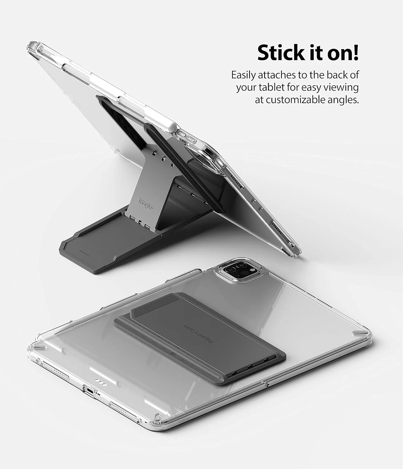 پایه تبلت یونیورسال رینکه با استند فنری و قابلیت تنظیم زاویه و اتصال چسبی برای آیپد، تبلت، کتابخوان الکترونیکی و غیره - خاکستری تیره