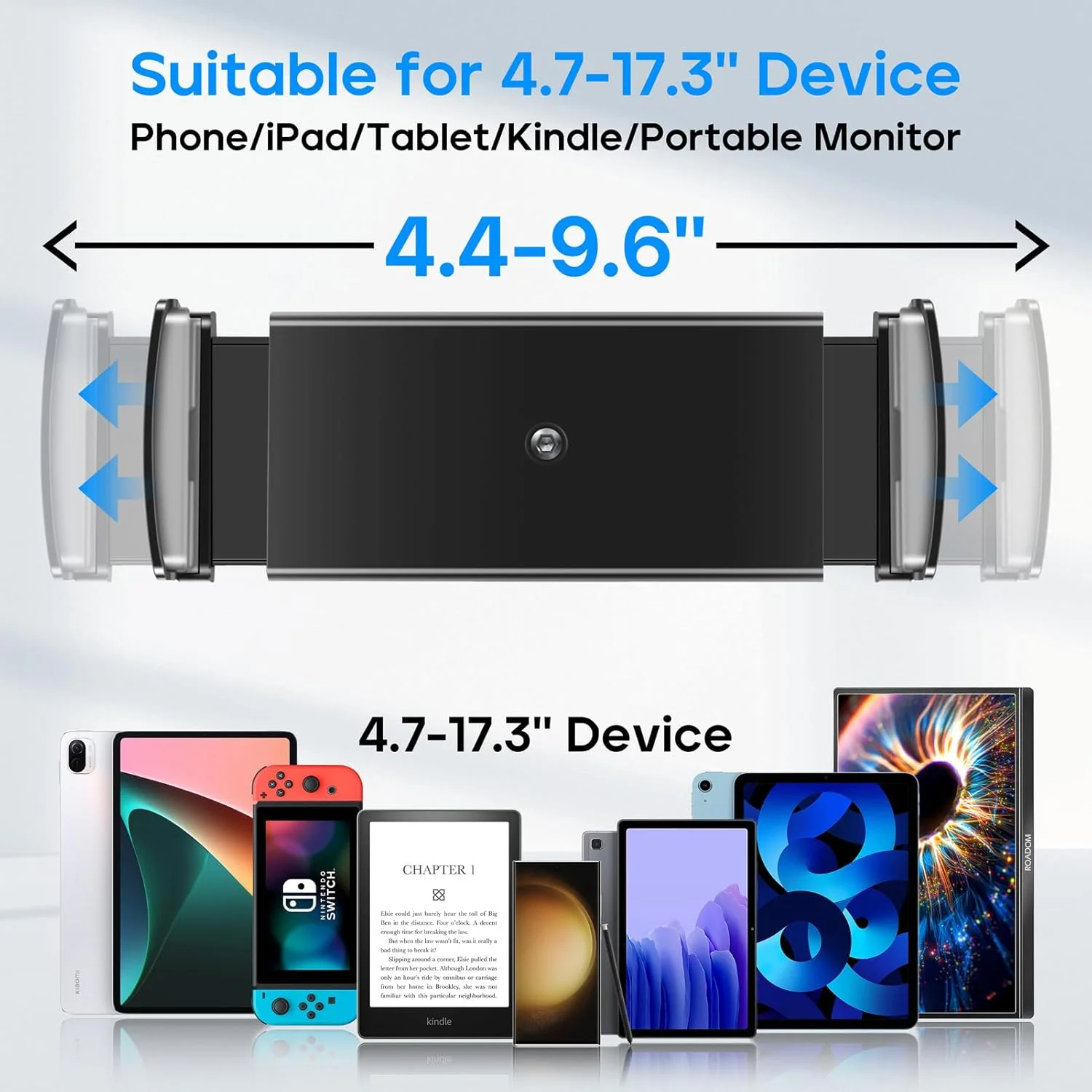 پایه تبلت ROADOM، براکت چرخان 360 درجه قابل تنظیم، گیره شیب دار 180 درجه، نگهدارنده تبلت تاشو برای آیفون/آیپد/تبلت/مانیتور قابل حمل 4.7-17.3 اینچی، آلیاژ آلومینیوم، مشکی