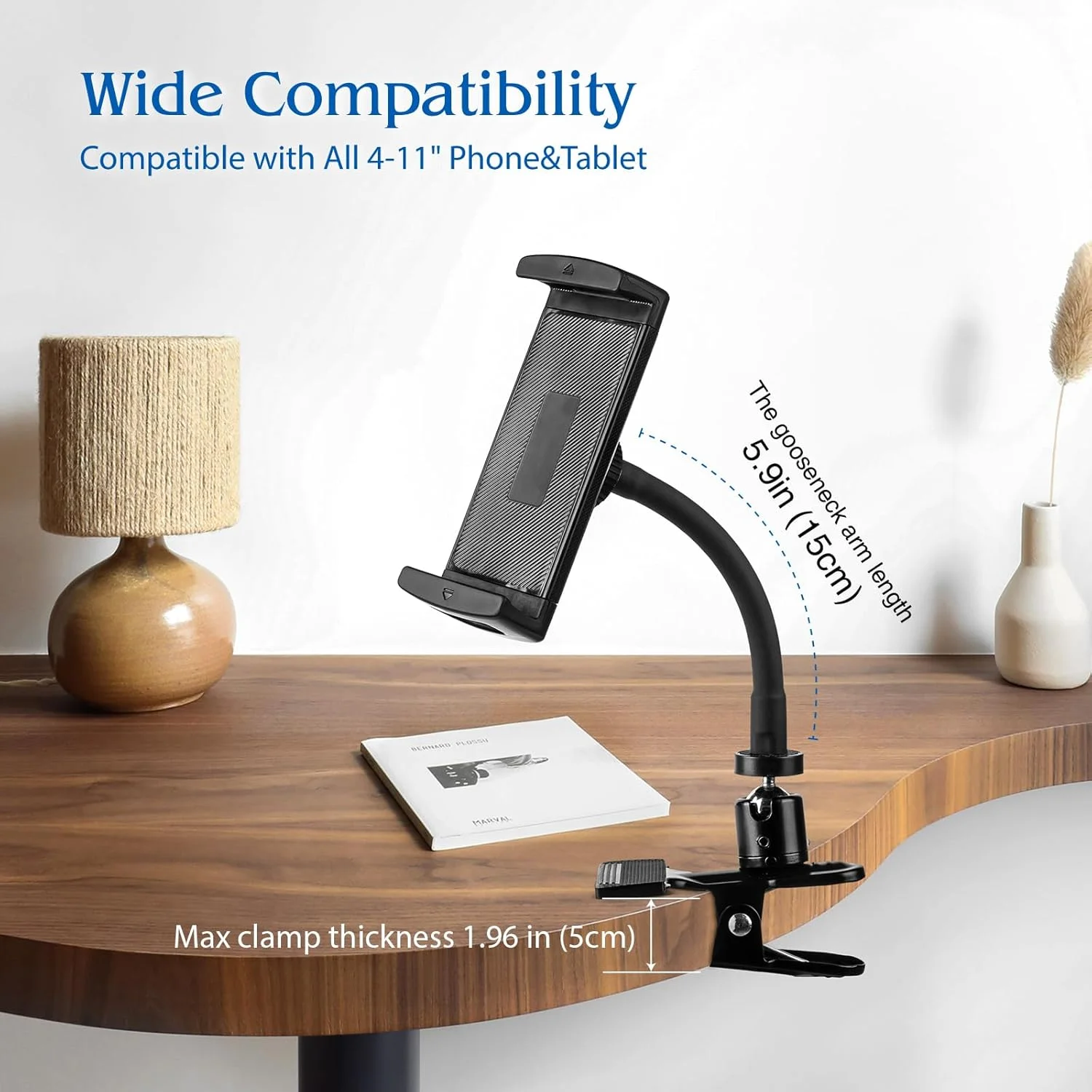 نگهدارنده تبلت گیره ای ROCKFREE با بازوی گردن غازی مقاوم، پایه گیره آیپد با قابلیت تنظیم 360 درجه برای میز، کابینت، تخت، تردمیل، مناسب برای آیپد، آیفون، تبلت و تلفن 4 تا 11 اینچی