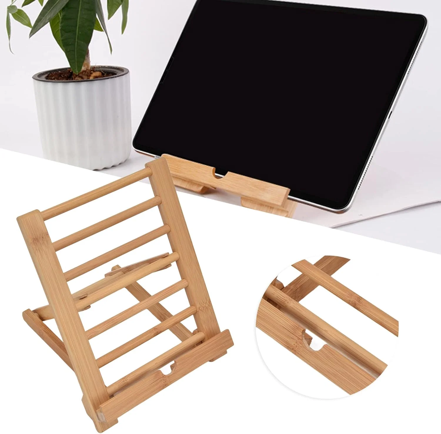 پایه نگهدارنده کتاب چوبی رستوکی، نگهدارنده کتاب بامبو قابل تنظیم برای مطالعه سازگار با دستگاه های 4-13 اینچی، هولدر کتاب آشپزی سایز بزرگ قابل حمل