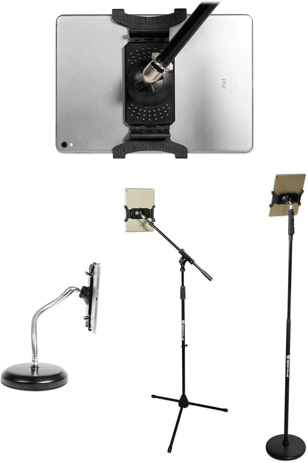 نگهدارنده گوشی/تبلت Rockville IPS22، گیره قابل تنظیم 4.7-12.9 اینچ، چرخش 360 درجه، طراحی نصب پیچی پایه میکروفون، سبک وزن، ایده آل برای نوازندگان و تولیدکنندگان محتوا