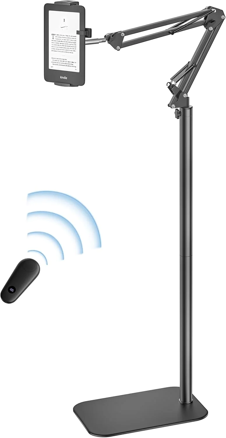 پایه نگهدارنده زمینی کیندل با ریموت کنترل ورق زن برای مطالعه در تخت، پایه تبلت قابل تنظیم با کلیکر، لوازم جانبی کیندل پایه نگهدارنده تبلت برای کیندل، تبلت ها، آیفون ها 4.7-12.9 اینچ (مشکی)