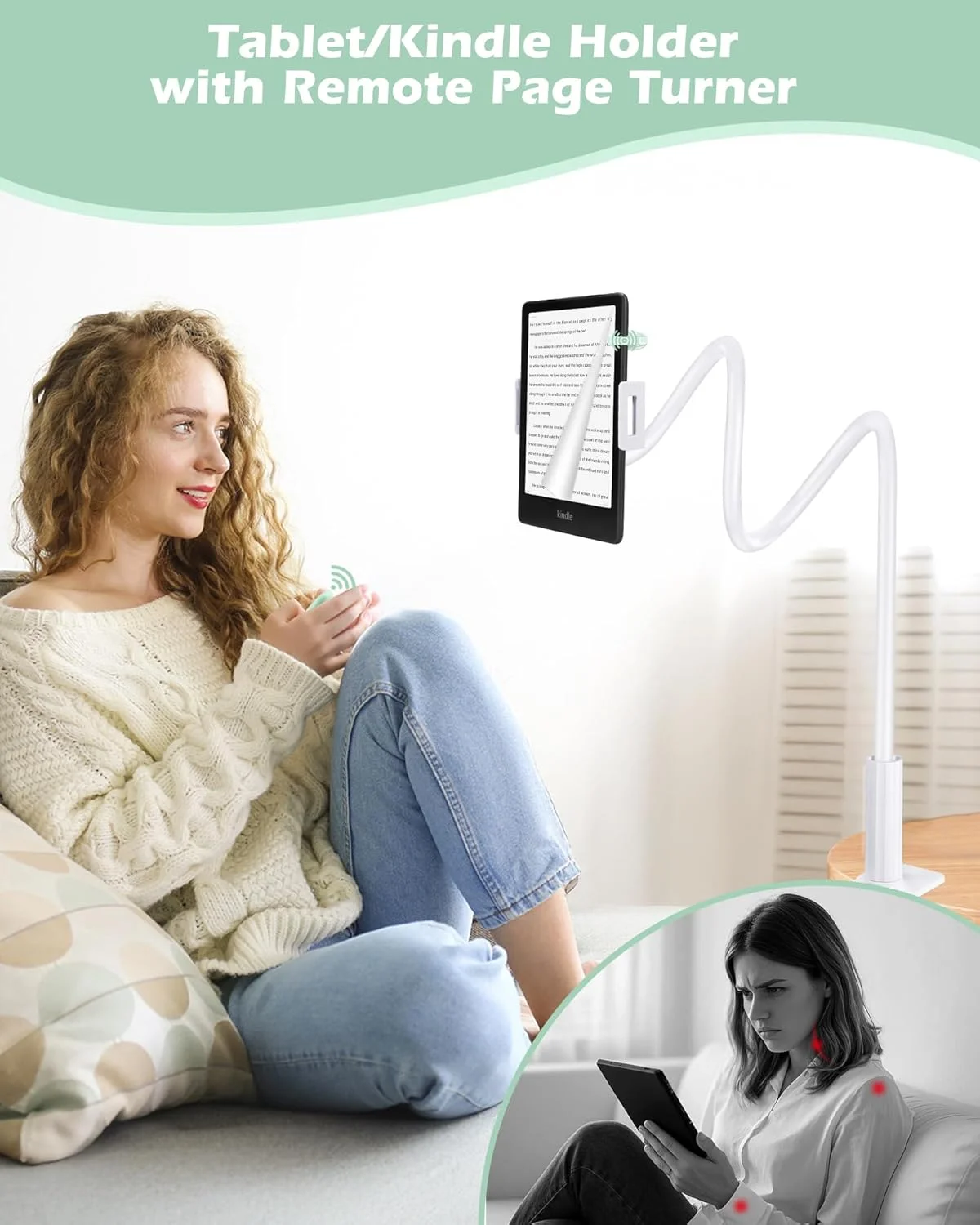 پایه نگهدارنده تبلت گردن غازی برای مطالعه کیندل در تخت با ریموت ورق زن، پایه بازوی تنبل برای لوازم جانبی کیندل پیپروایت کالرسافت اسکرایب، لوازم جانبی کتابخوان الکترونیکی با کلیکر ورق زن (سبز)