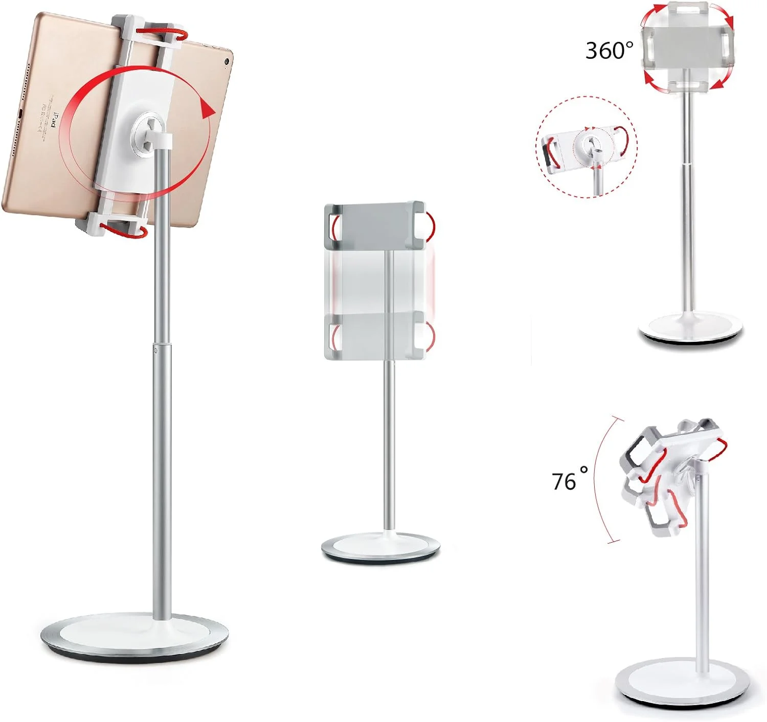 پایه رومیزی آلومینیومی قابل تنظیم ارتفاع و زاویه idee PTS02W برای آیپد، تبلت و تلفن های هوشمند، با قابلیت چرخش 360 درجه، طراحی شده برای فروشگاه، دفتر و خانه