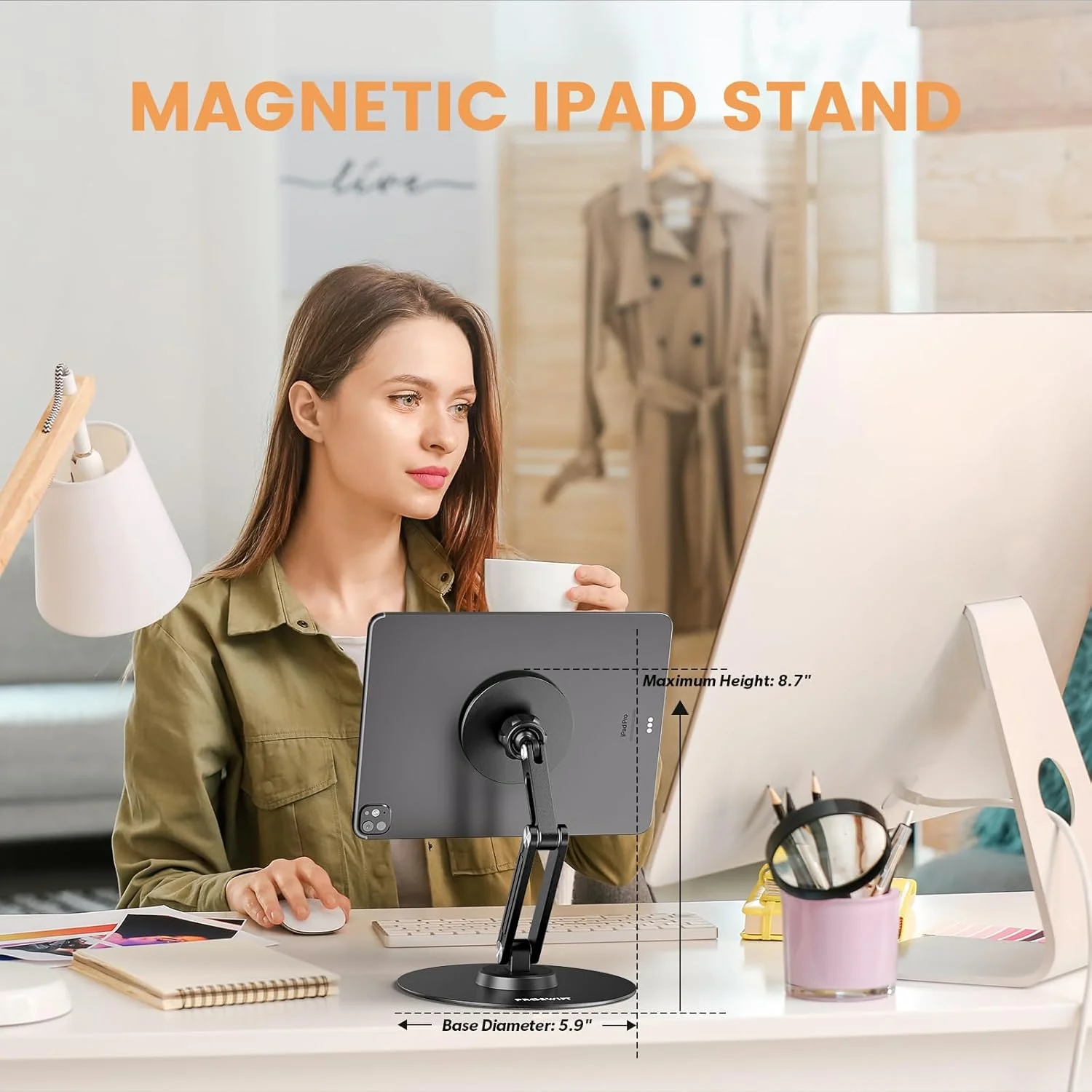 پایه مغناطیسی آیپد، پایه تبلت تاشو آلیاژ آلومینیوم برای میز، نگهدارنده تبلت قابل چرخش 360 درجه، لوازم جانبی قابل حمل برای اتاق جلسات اداری خانگی