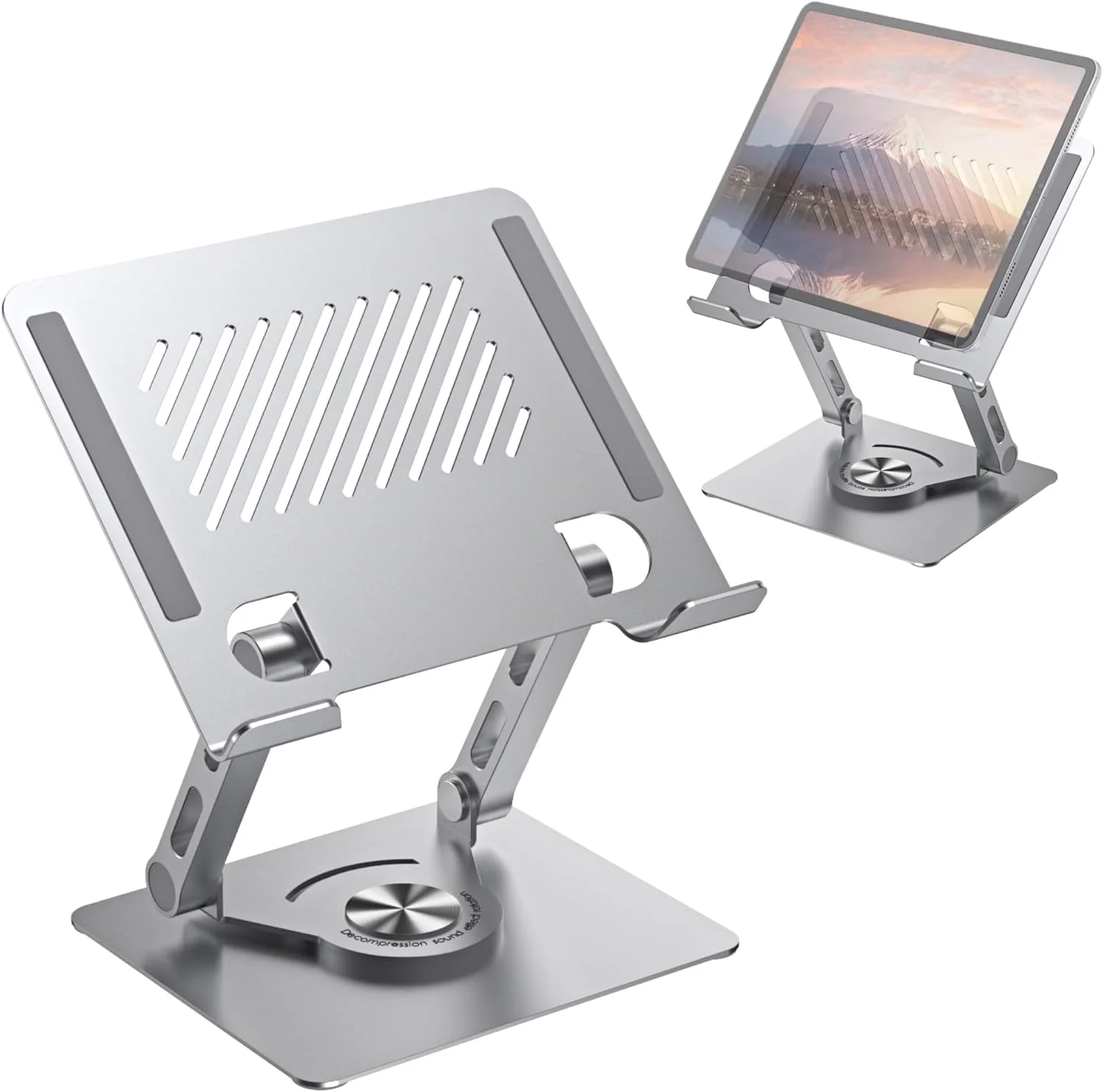 پایه نگهدارنده لپ تاپ و تبلت چرخشی 360 درجه ممتاز - پایه تاشو ارگونومیک برای میز، نگهدارنده چند زاویه قابل تنظیم برای آیپد، تبلت ها و لپ تاپ ها، نقره ای پایه نگهدارنده لپ تاپ و تبلت چرخشی 360 درجه ممتاز - پایه تاشو ارگونومیک برای میز، نگهدارنده چند زاویه قابل تنظیم برای آیپد، تبلت ها و لپ تاپ ها، نقره ای