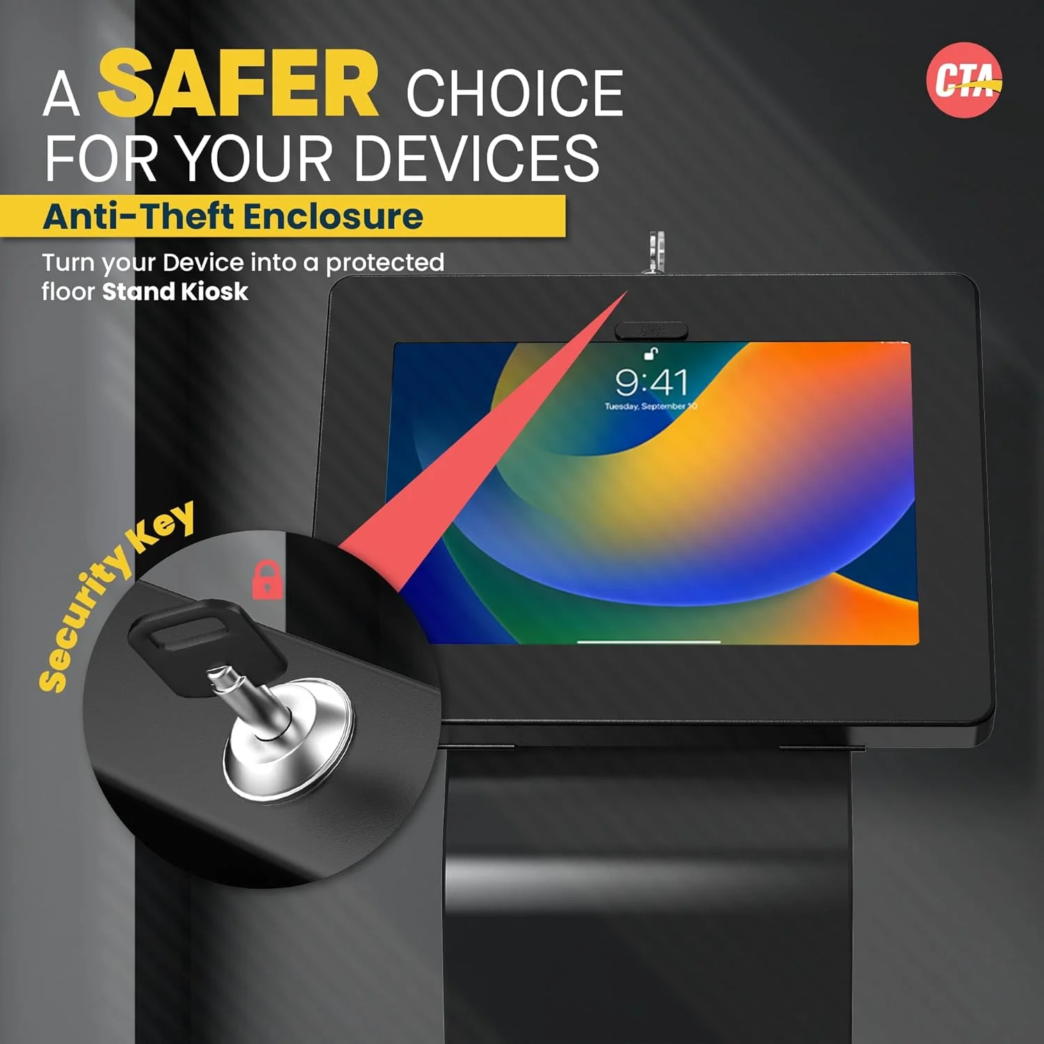 پایه ایستاده کیوسک ممتاز CTA Digital - پایه کیوسک قفل‌دار - مناسب برای آیپد نسل 7/8/9 10.2 اینچ، پرو 11 اینچ نسل 5 و 6، سرفیس گو، گلکسی تب S5E و موارد دیگر (PAD-PARAF)
