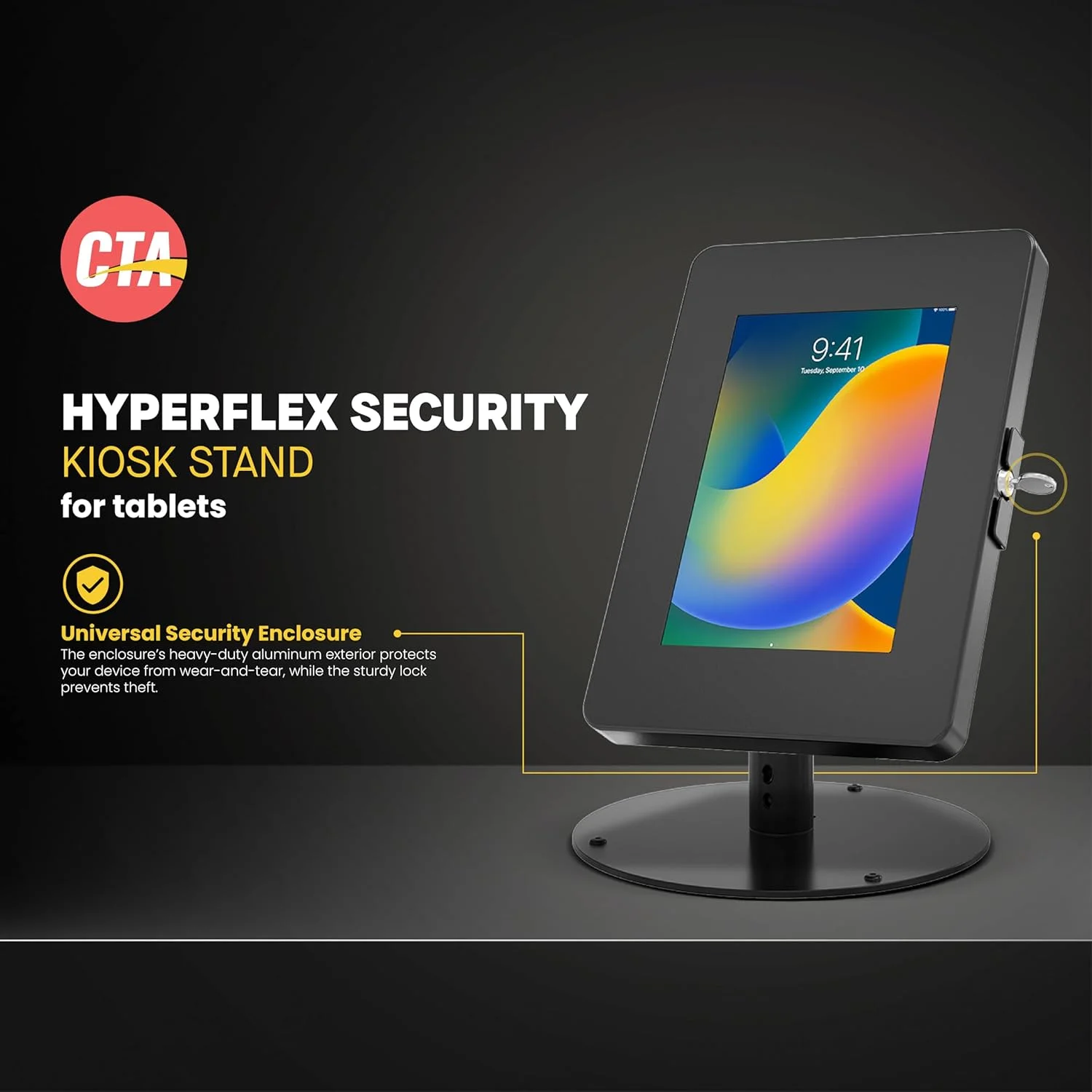 پایه رومیزی ممتاز آیپد برای فروشگاهی - پایه کیوسک تبلت CTA با چرخش 360 درجه و قفل برای فروشگاه ها، رستوران ها و موارد دیگر - برای آیپد مینی نسل 1-7 - سامسونگ تب A 8 اینچ و موارد دیگر - مشکی (PAD-HSKSBS)