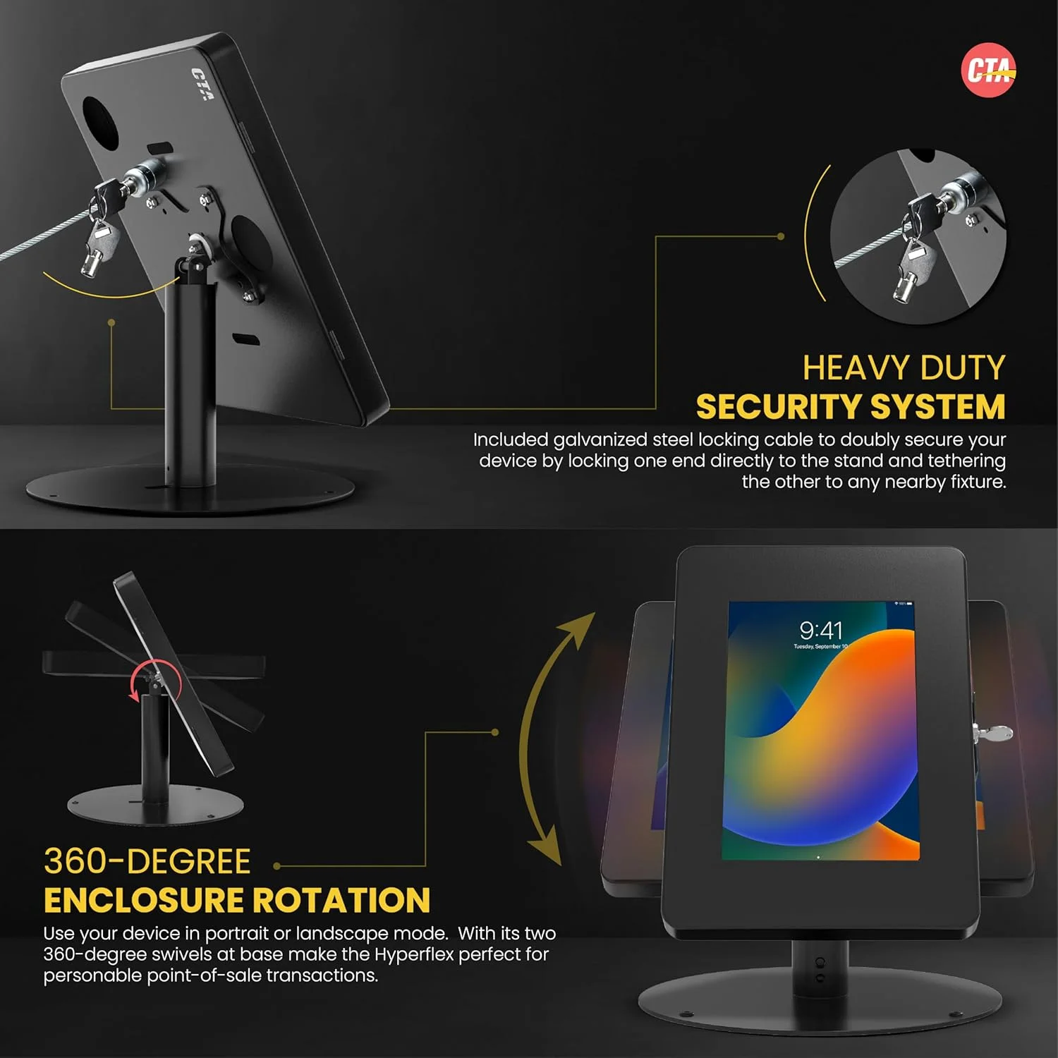 پایه رومیزی ممتاز آیپد برای فروشگاهی - پایه کیوسک تبلت CTA با چرخش 360 درجه و قفل برای فروشگاه ها، رستوران ها و موارد دیگر - برای آیپد مینی نسل 1-7 - سامسونگ تب A 8 اینچ و موارد دیگر - مشکی (PAD-HSKSBS)