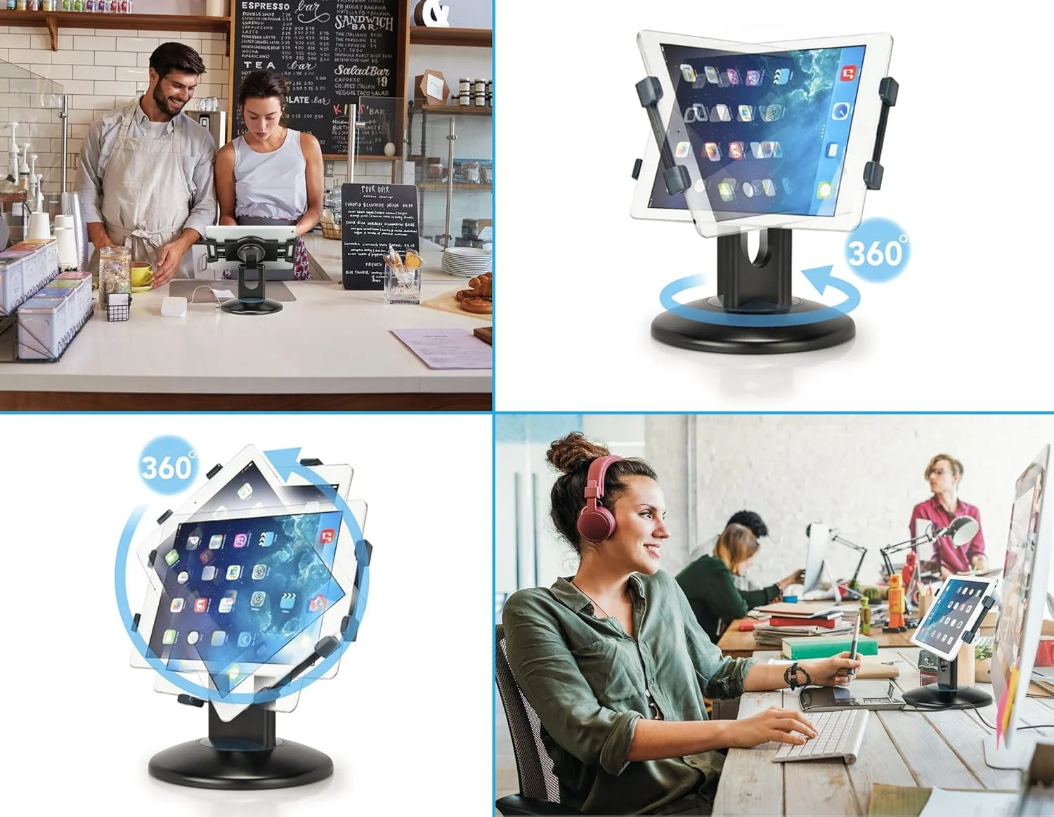 پایه تبلت چرخشی 360 درجه ممتاز برای میز - نگهدارنده تبلت قابل تنظیم برای دستگاه های 7.9 تا 13 اینچی، پایه فلزی مشکی محکم با قابلیت چرخش، مناسب برای دفتر، خانه و نمایش خرده فروشی