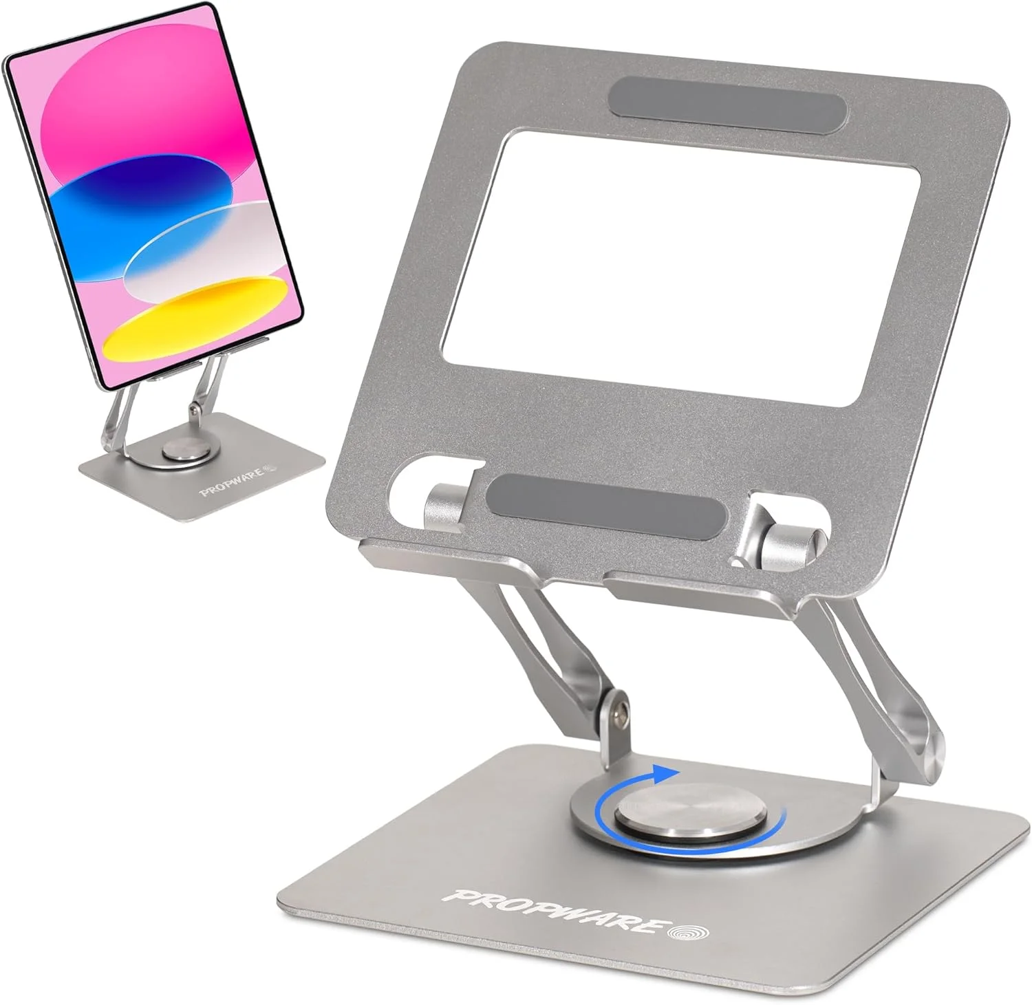 پایه نگهدارنده آلومینیومی تبلت، تلفن و کنسول بازی قابل حمل تا 15 اینچ با پایه چرخان 360 درجه، قابل تنظیم ارگونومیک و تاشو، مناسب برای آشپزخانه یا میز کار (نقره ای) پایه نگهدارنده آلومینیومی تبلت، تلفن و کنسول بازی قابل حمل تا 15 اینچ با پایه چرخان 360 درجه، قابل تنظیم ارگونومیک و تاشو، مناسب برای آشپزخانه یا میز کار (نقره ای)