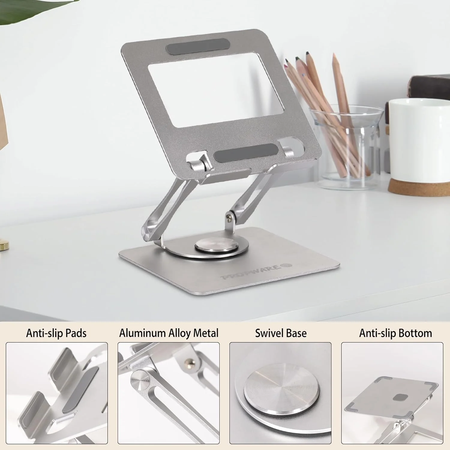 پایه نگهدارنده آلومینیومی تبلت، تلفن و کنسول بازی قابل حمل تا 15 اینچ با پایه چرخان 360 درجه، قابل تنظیم ارگونومیک و تاشو، مناسب برای آشپزخانه یا میز کار (نقره ای)
