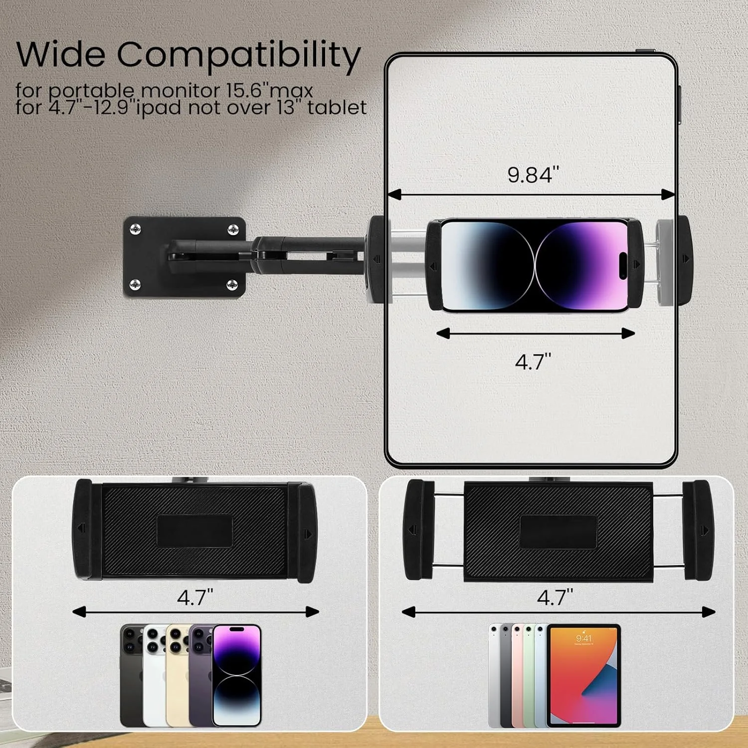 پایه نگهدارنده دیواری تبلت برای آیپد، پایه نگهدارنده مانیتور قابل حمل برای حداکثر 15.6 اینچ، آلیاژ آلومینیوم 3 بازو، پایه تبلت بلند و تاشو، مناسب برای آیپد و کیندل 4.7 تا 12.9 اینچ