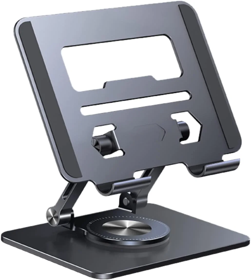 پایه تبلت تاشو آلومینیومی قابل حمل با پایه چرخان 360 درجه، ارتفاع قابل تنظیم، سازگار با آیپد پرو/ایر/مینی، مناسب برای کیندل و گوشی های تاشو، ایده آل برای خانه و دفتر (خاکستری تیره)