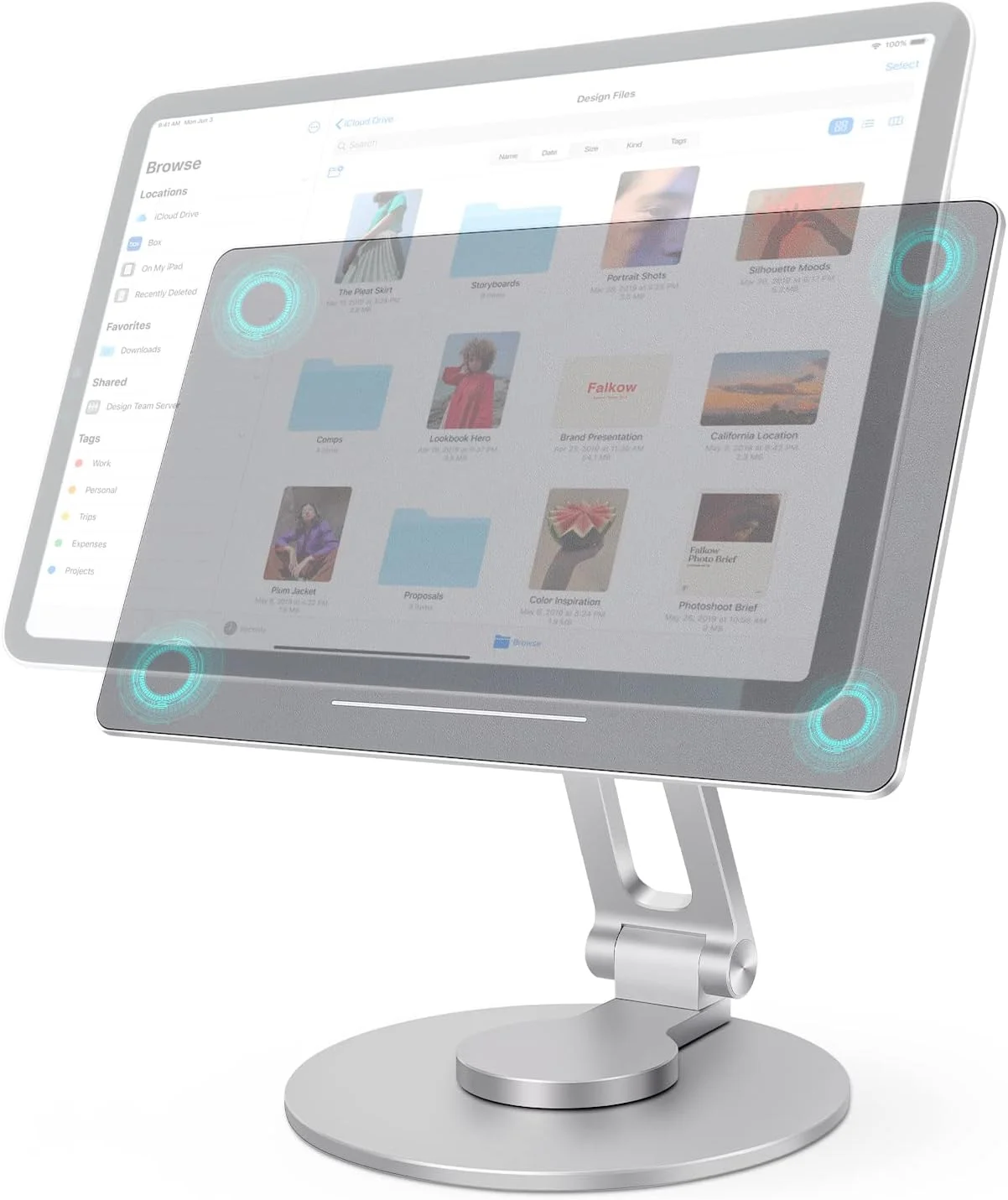 پایه مغناطیسی آیپد پرو 12.9 اینچ، پایه نگهدارنده رومیزی قابل تنظیم 360 درجه برای اپل آیپد پرو 12.9 اینچ نسل 3/4/5/6، تاشو، آلومینیوم درجه یک، نقره ای