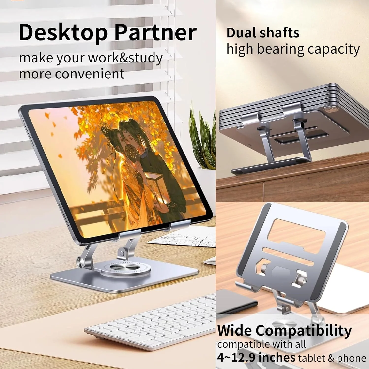 پایه تبلت تاشو آلومینیومی قابل حمل با پایه چرخان 360 درجه، ارتفاع قابل تنظیم، سازگار با آیپد پرو/ایر/مینی، مناسب برای کیندل و گوشی های تاشو، ایده آل برای خانه و دفتر (خاکستری تیره)