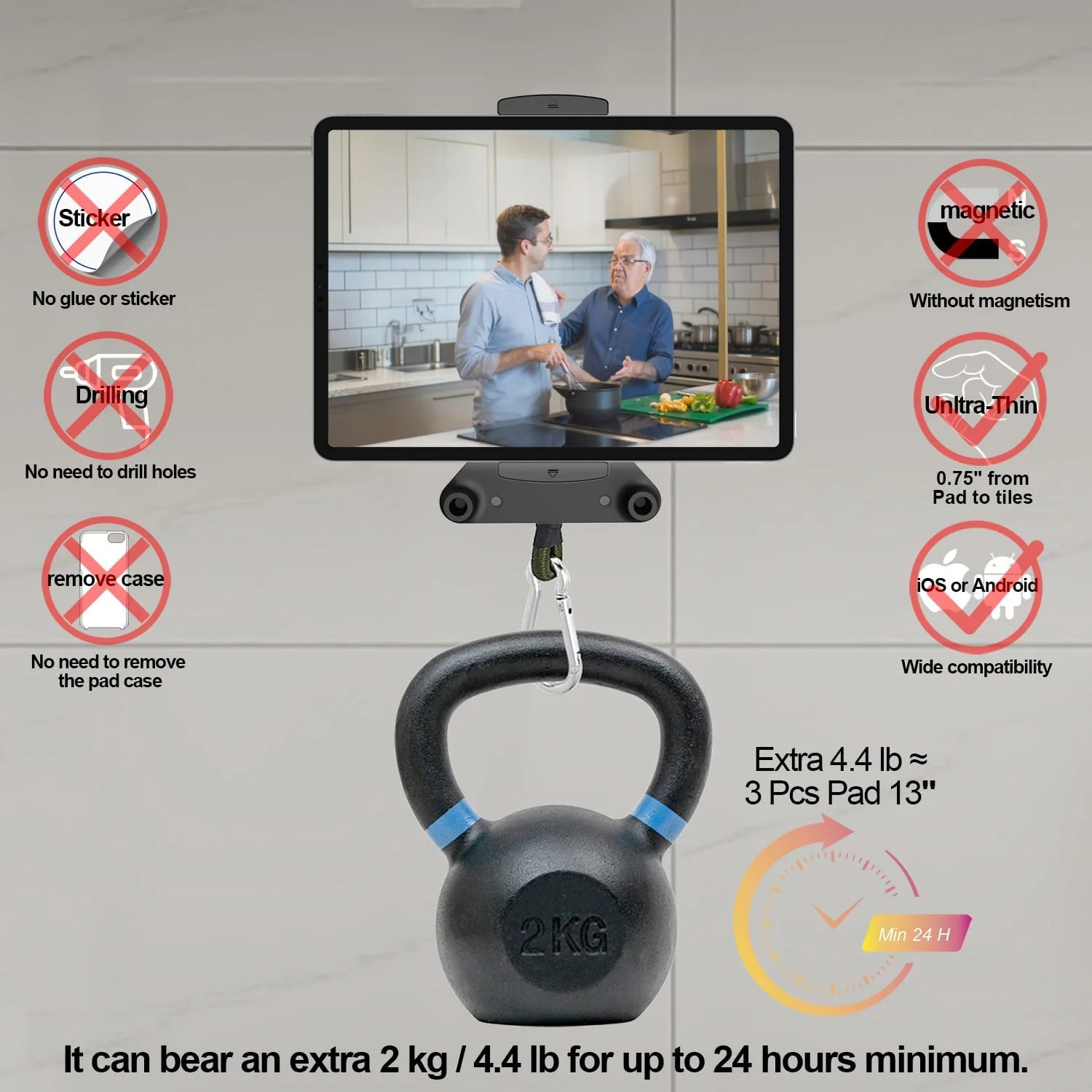 پایه نگهدارنده آیپد و تبلت با مکنده قوی برای آینه، کاشی های براق و شیشه، نگهدارنده پد برای حمام، آشپزخانه، باشگاه، یوگا، آرایش، پشتیبانی از 3 پد اضافی برای 24 ساعت، مناسب برای دستگاه ها از 5.5 تا 12.9 اینچ (مشکی)