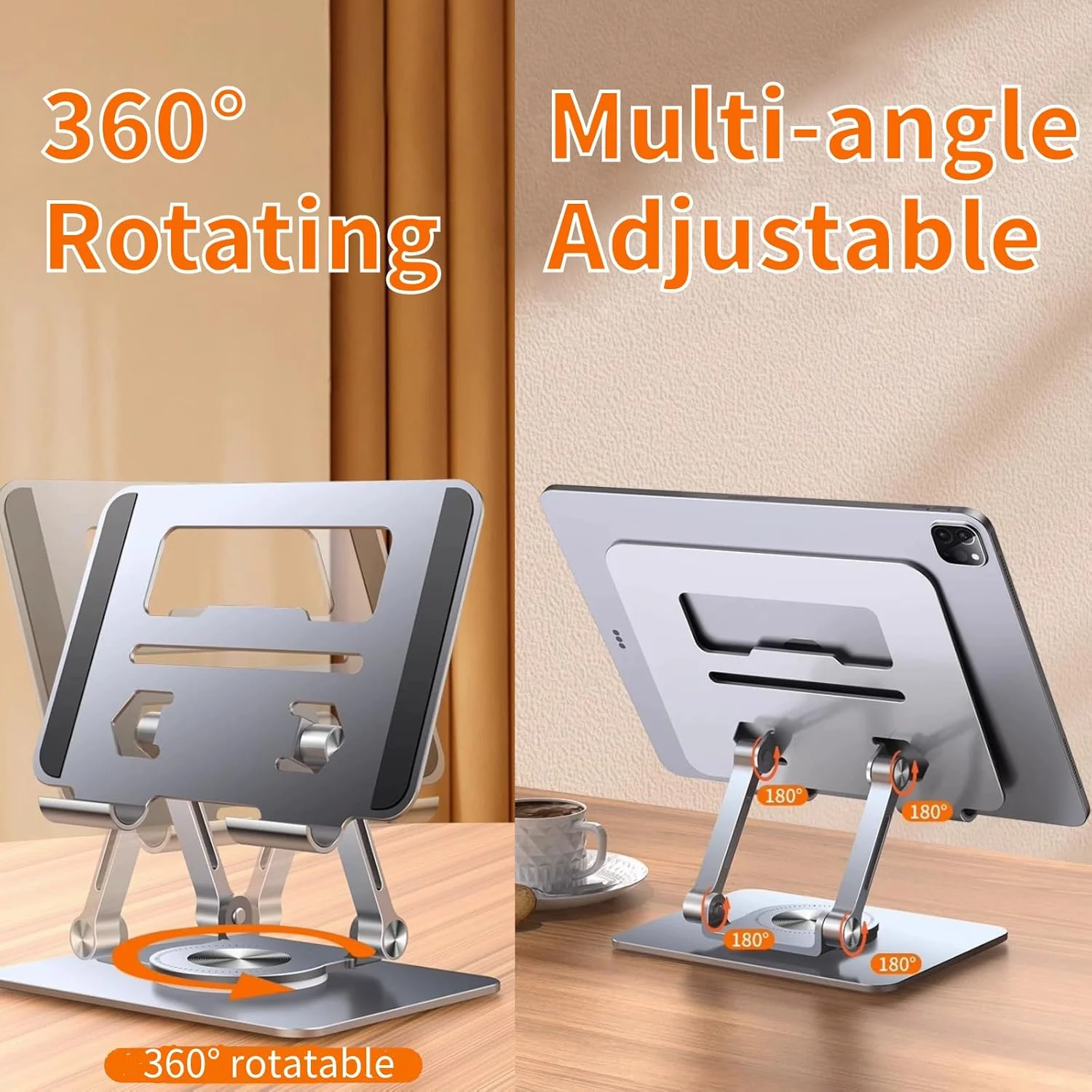 پایه تبلت تاشو آلومینیومی قابل حمل با پایه چرخان 360 درجه، ارتفاع قابل تنظیم، سازگار با آیپد پرو/ایر/مینی، مناسب برای کیندل و گوشی های تاشو، ایده آل برای خانه و دفتر (خاکستری تیره)