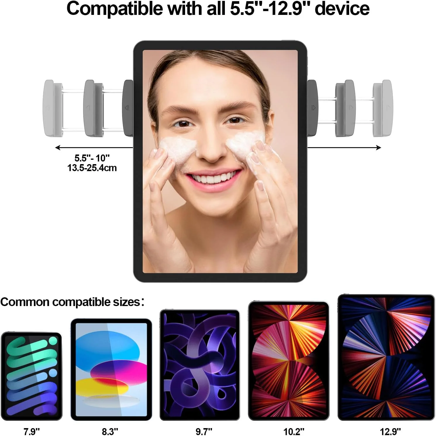 پایه نگهدارنده آیپد و تبلت با مکنده قوی برای آینه، کاشی های براق و شیشه، نگهدارنده پد برای حمام، آشپزخانه، باشگاه، یوگا، آرایش، پشتیبانی از 3 پد اضافی برای 24 ساعت، مناسب برای دستگاه ها از 5.5 تا 12.9 اینچ (مشکی)