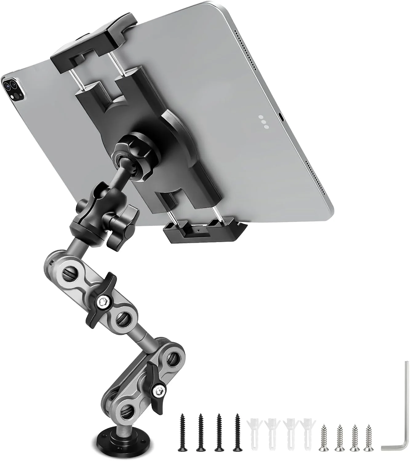 پایه نگهدارنده تبلت با پایه دریل سنگین آلومینیومی برای داشبورد خودرو، پایه فلزی 3 مرحله ای 360 درجه به طول 14.2 اینچ برای آیپد پرو/ایر/مینی/سامسونگ گلکسی تب 4.7-12.9 اینچی، مناسب برای خودرو، کامیون، دیوار، میز