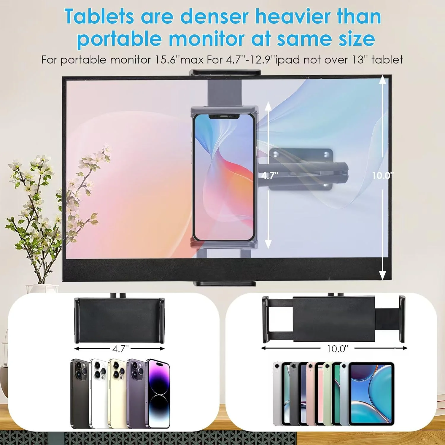 پایه دیواری تبلت برای آیپد، پایه نگهدارنده مانیتور قابل حمل برای حداکثر 15.6 اینچ، آلیاژ آلومینیوم با قابلیت تنظیم 360 درجه، پایه تبلت تاشو برای کیندل، مناسب برای آیپد پرو ایر مینی 4.7 تا 12.9 اینچی، گلکسی تب، تبلت ها