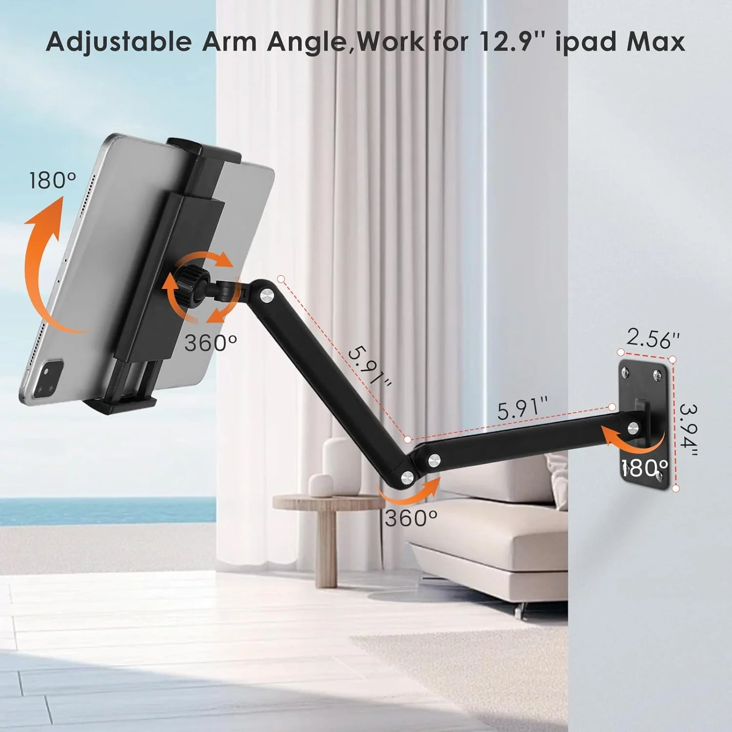 پایه دیواری تبلت برای آیپد، پایه نگهدارنده مانیتور قابل حمل برای حداکثر 15.6 اینچ، آلیاژ آلومینیوم با قابلیت تنظیم 360 درجه، پایه تبلت تاشو برای کیندل، مناسب برای آیپد پرو ایر مینی 4.7 تا 12.9 اینچی، گلکسی تب، تبلت ها