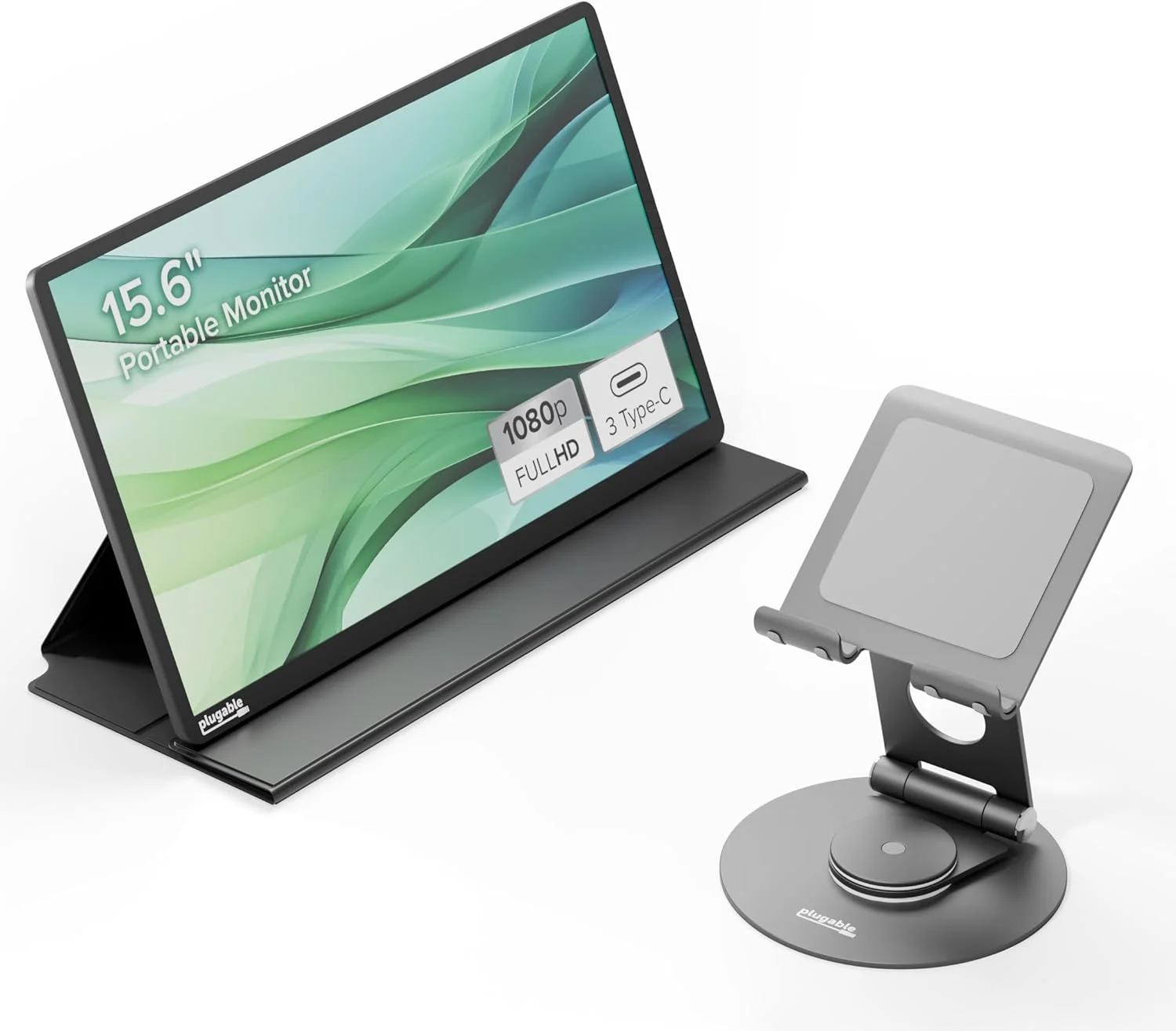 مانیتور قابل حمل 15.6 اینچی FHD یو‌اس‌بی سی پلاگبل و بسته استند تبلت یونیورسال: عبور جریان 100 واتی PD، استند چرخان 360 درجه برای تلفن‌ها و تبلت‌ها تا 12.9 اینچ