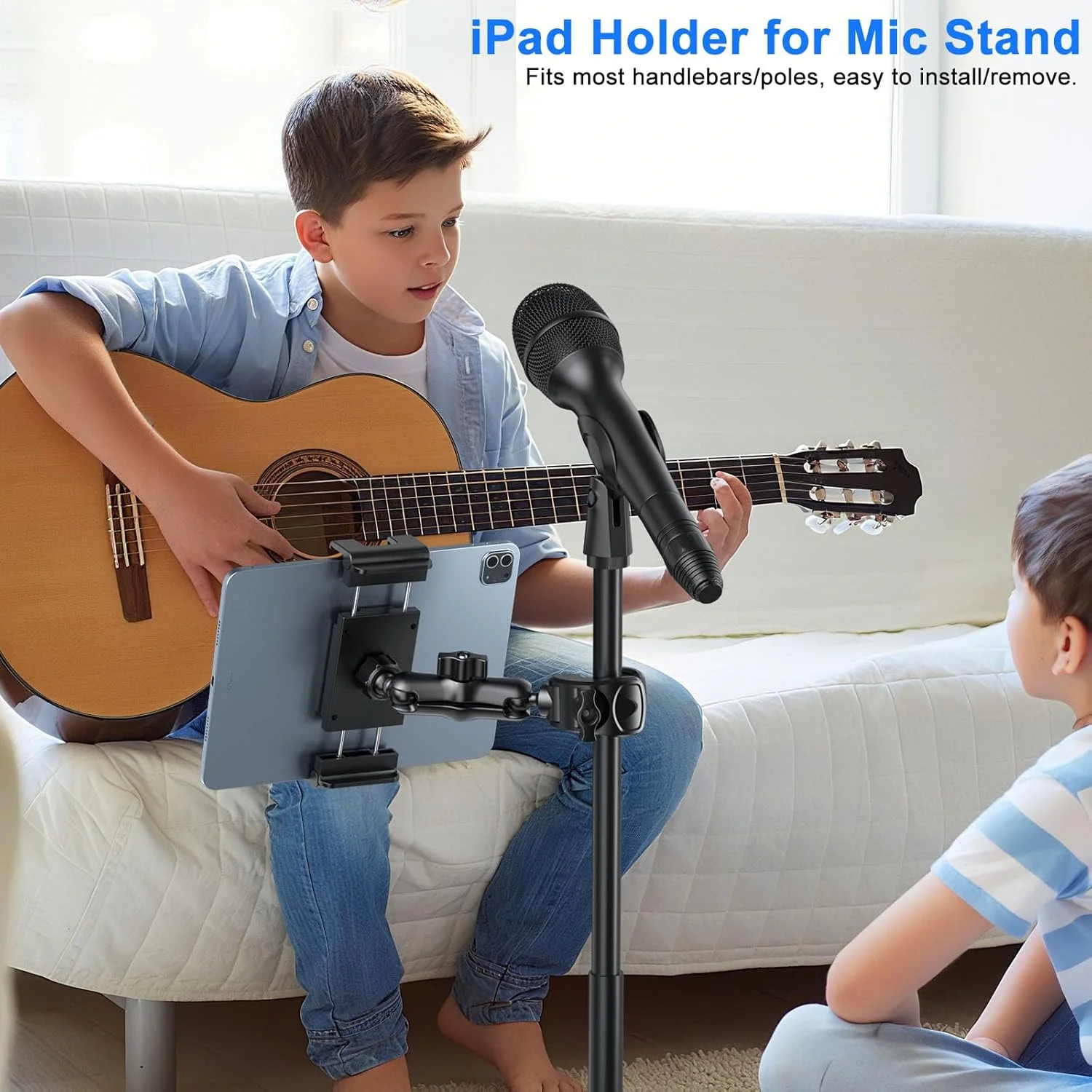 نگهدارنده تبلت PLDHPRO برای پایه میکروفون با چرخش 360 درجه، پایه نگهدارنده آیپد برای موسیقی با گیره، پایه های قابل حمل صحنه برای نوازندگان، لوازم جانبی سه پایه گیتار سازگار با دستگاه های 5.1 تا 15.6 اینچ