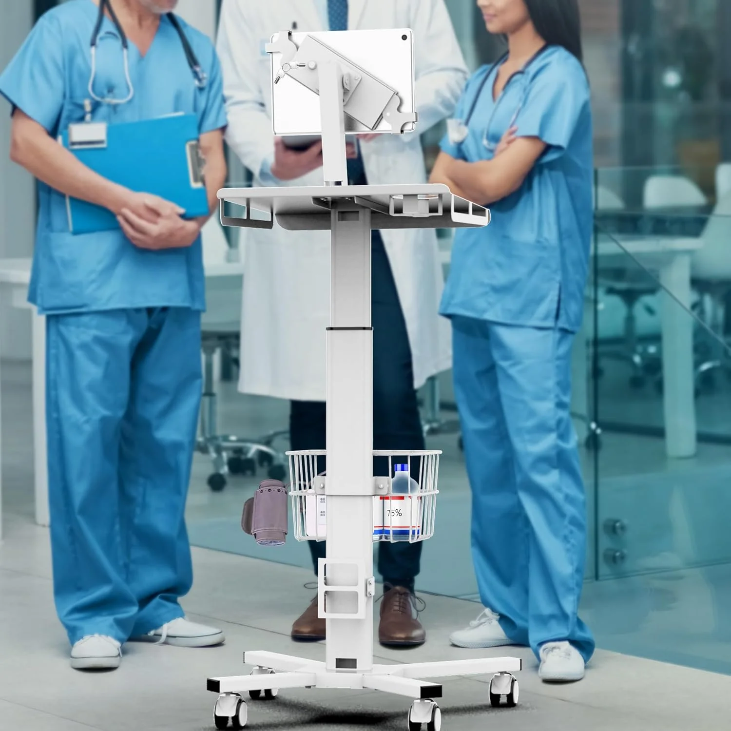 چرخ دستی پزشکی موبایل سازگار با آیپد 9.7-12.9 اینچی، ایستگاه کاری چرخ دار برای بیمارستان، درمانگاه، کتابخانه، رستوران، پایه رومیزی تبلت