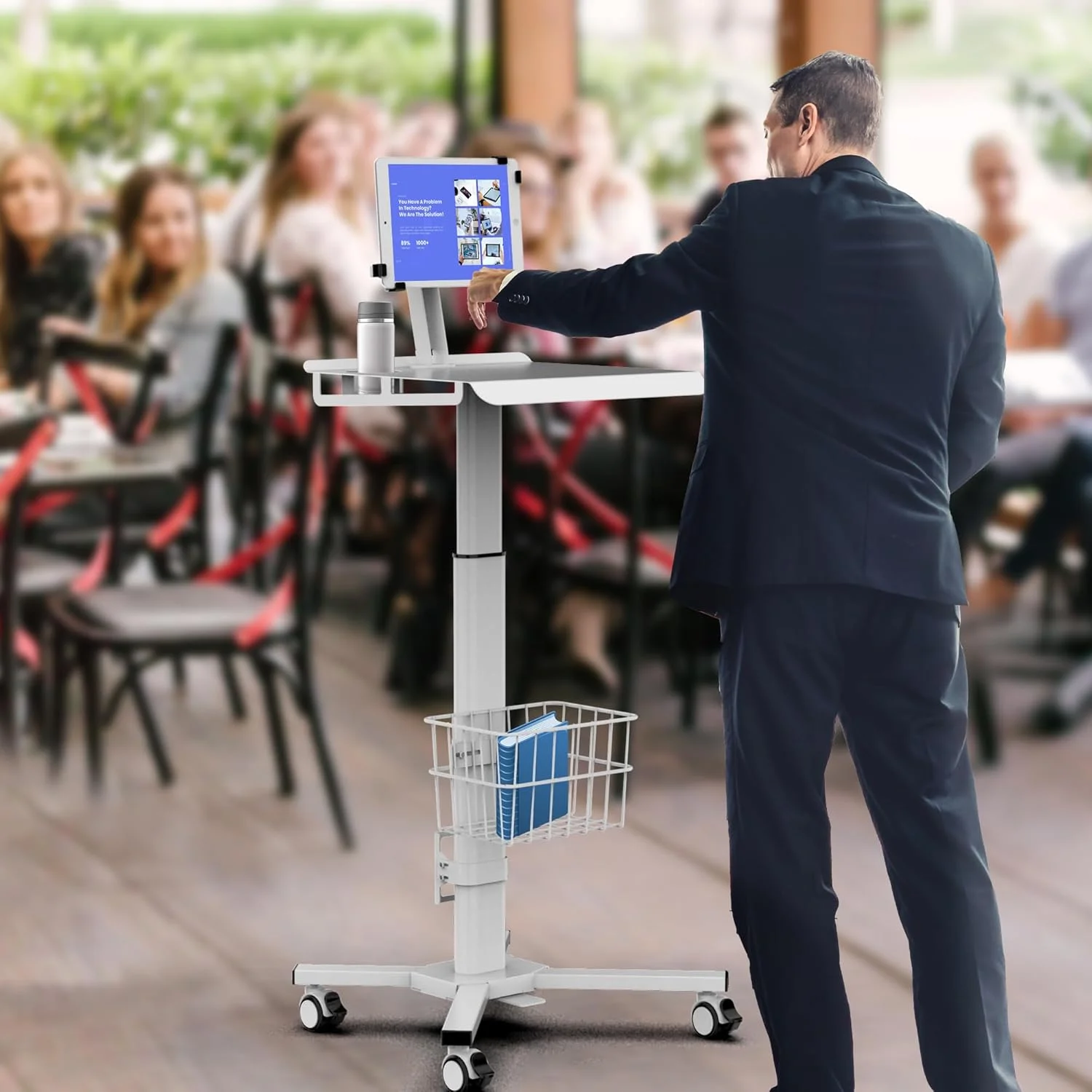 چرخ دستی پزشکی موبایل سازگار با آیپد 9.7-12.9 اینچی، ایستگاه کاری چرخ دار برای بیمارستان، درمانگاه، کتابخانه، رستوران، پایه رومیزی تبلت