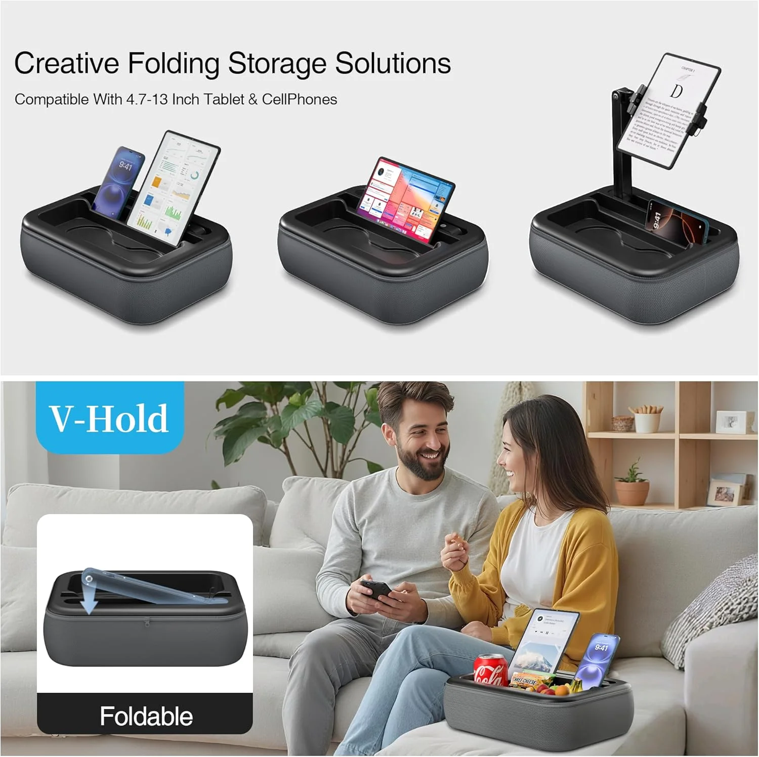 پایه نگهدارنده تبلت V-Hold، استند بالشتی کیندل با کاسه تنقلات، هولدر تبلت برای استفاده روی پا در تختخواب برای آیپد و تلفن های همراه 4.7-11 اینچی. ایده آل برای مطالعه بدون دست، استراحت روی مبل، تخت، صندلی تکیه دار و کاناپه