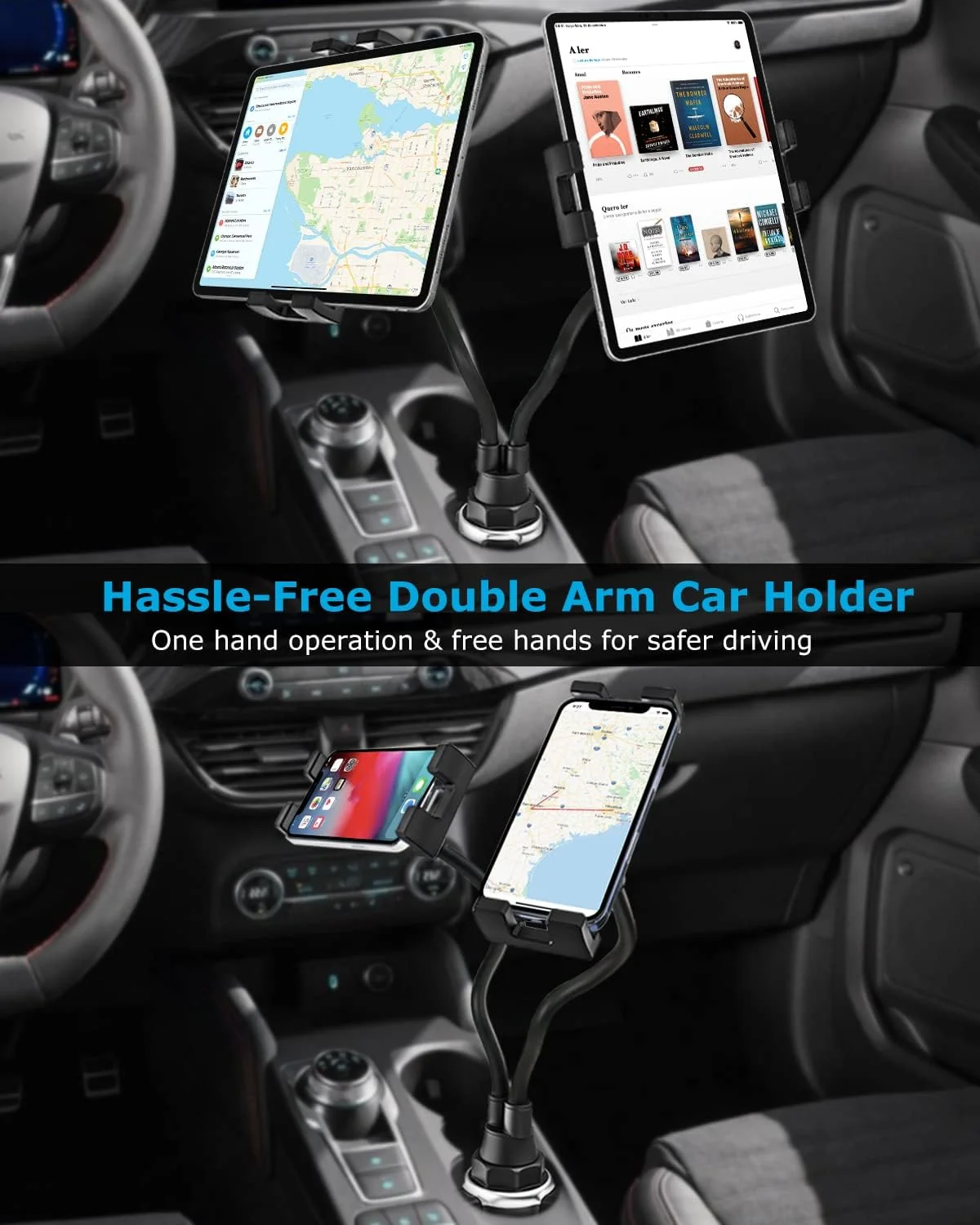 نگهدارنده تبلت و گوشی موبایل وولیی برای خودرو، [گیره دوگانه] پایه نگهدارنده دوگانه آیپد و گوشی با بازوی 10 اینچی گردن غازی قابل تنظیم برای آیپد پرو ایر مینی، تبلت های گلکسی، زد فولد، فایر اچ دی، آیفون، دستگاه های 4.7-13 اینچی