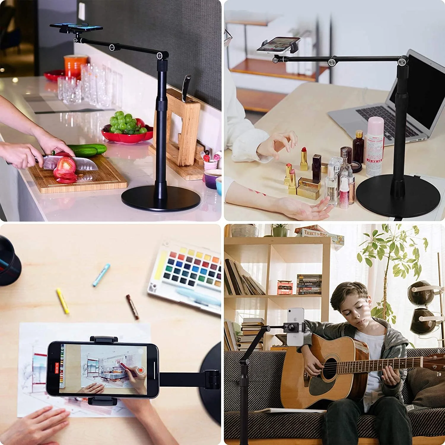 پایه نگهدارنده رومیزی تبلت و گوشی - هولدر آلومینیومی تبلت - پایه دوربین، ارتفاع قابل تنظیم، چرخش 360 درجه - سازگار با دستگاه های 3.5 تا 11 اینچی مانند آیفون/آیپد/آیپد پرو - 3 حالت شیب