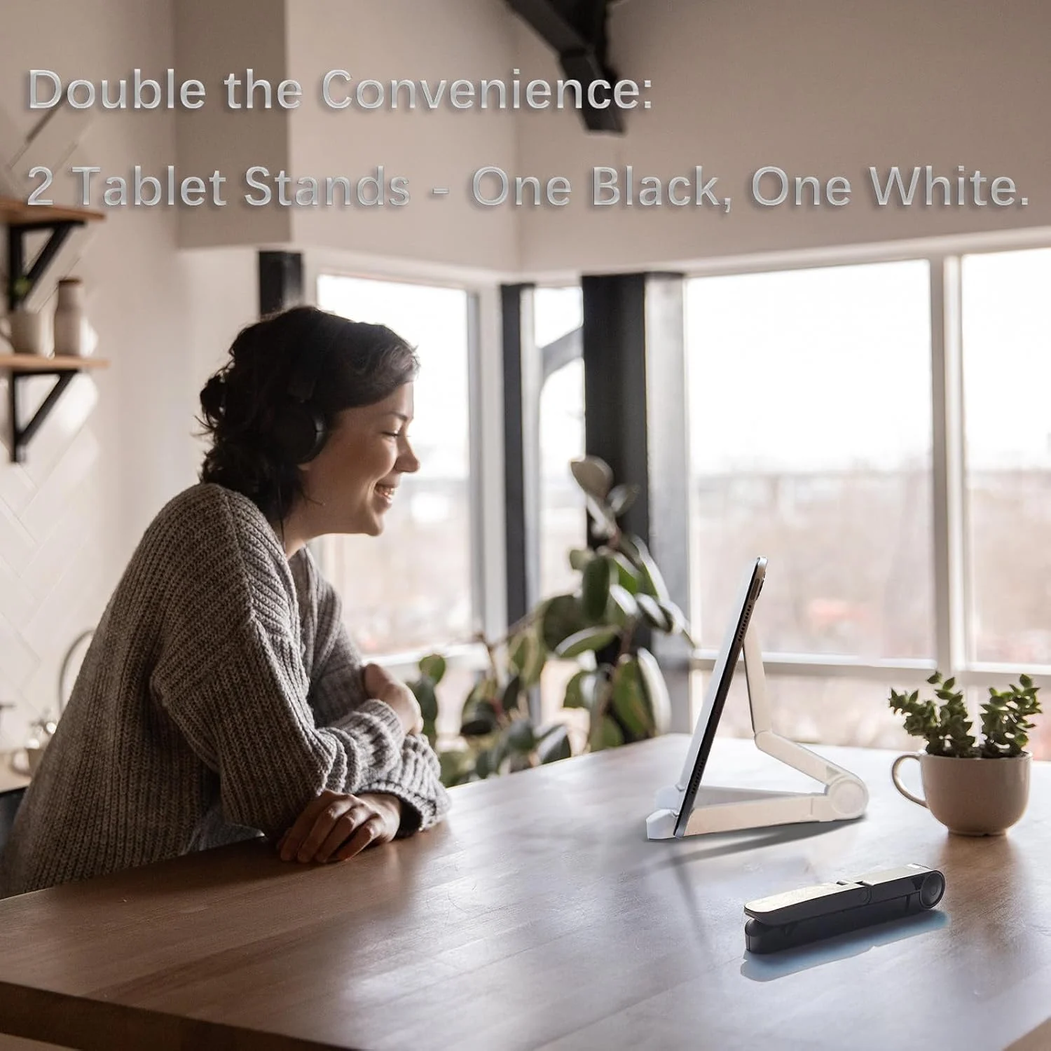 دو عدد پایه نگهدارنده تبلت برای میز - پایه های قابل تنظیم و قابل حمل، سازگار با تبلت های 4 تا 13 اینچی مانند آیپد پرو 11، 9.7، 10.5، 12.9، کیندل فایر HD، نکسوس، تب - سفید و مشکی، لوازم جانبی میز